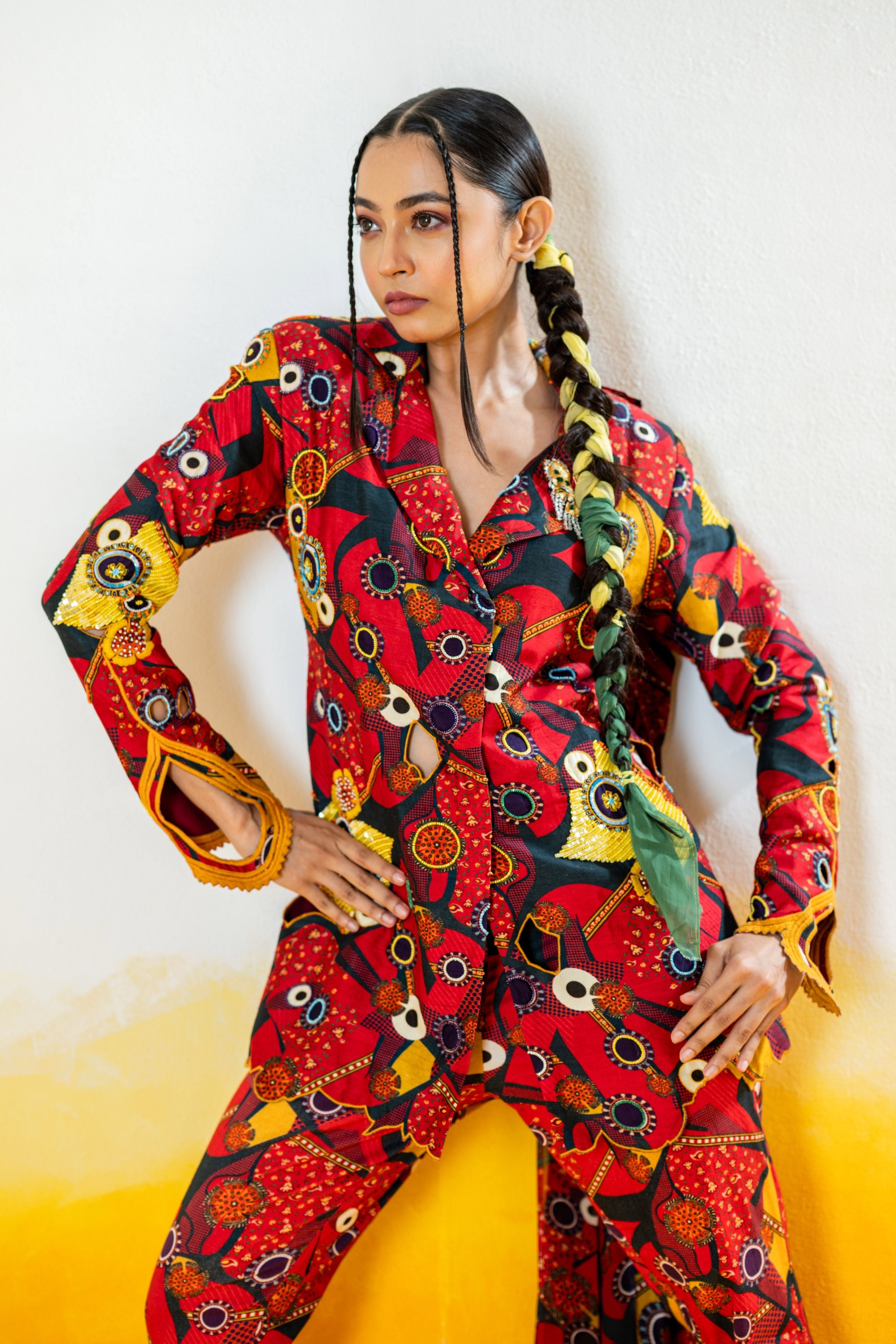 Printed Embroidered Pant Suit With Detachable Saree Drape