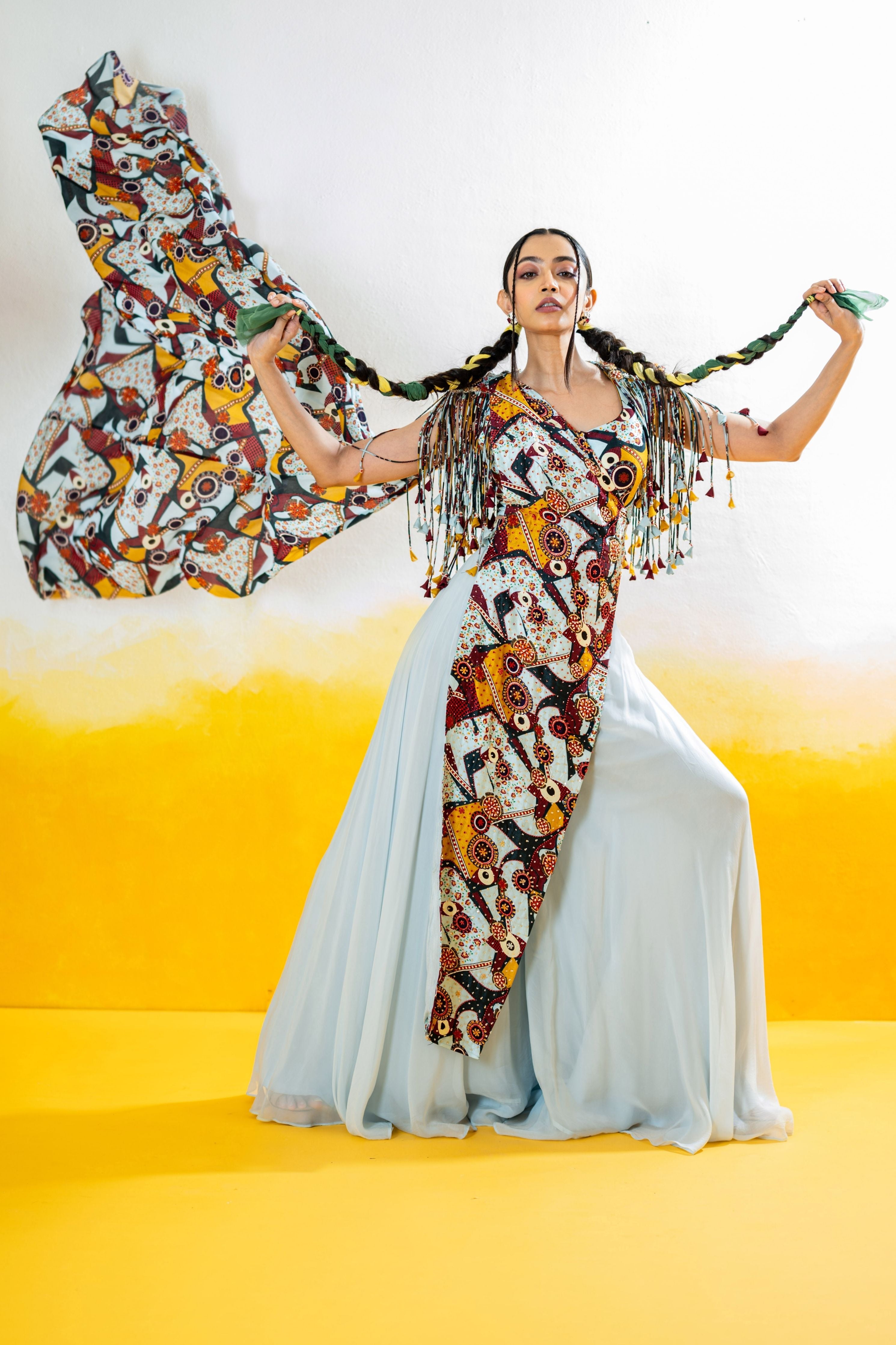 Sharara And Tassels Blouse With Saree Style Embroidered Drape