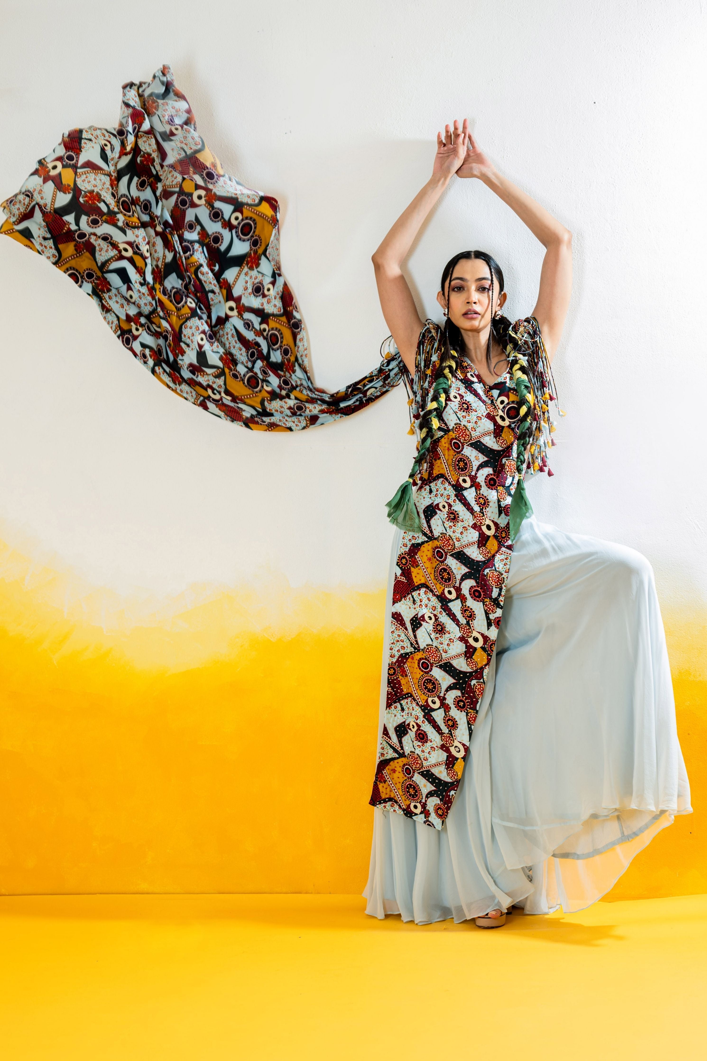 Sharara And Tassels Blouse With Saree Style Embroidered Drape