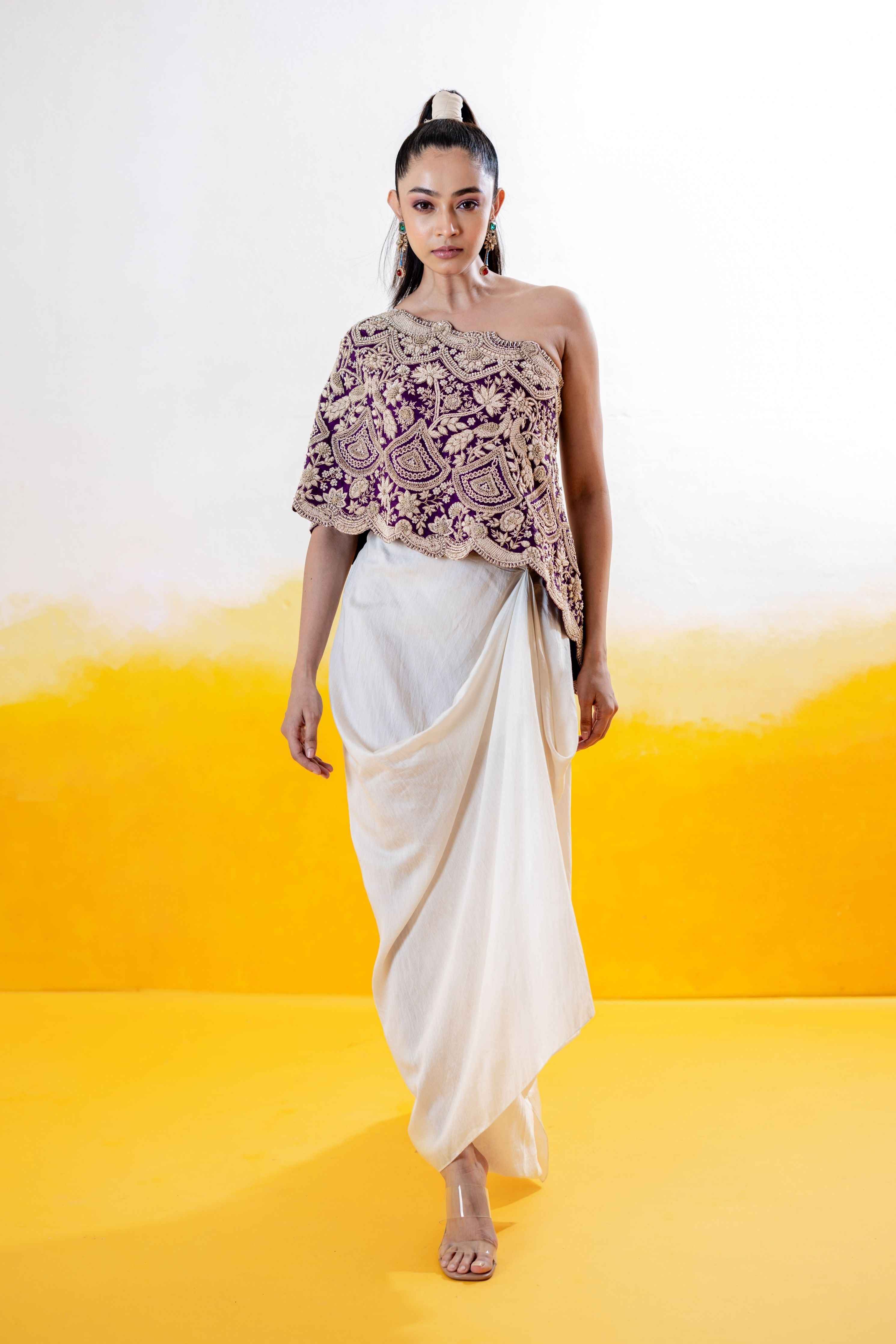 One Shoulder Zardosi Embroidered Cape With Drape Skirt
