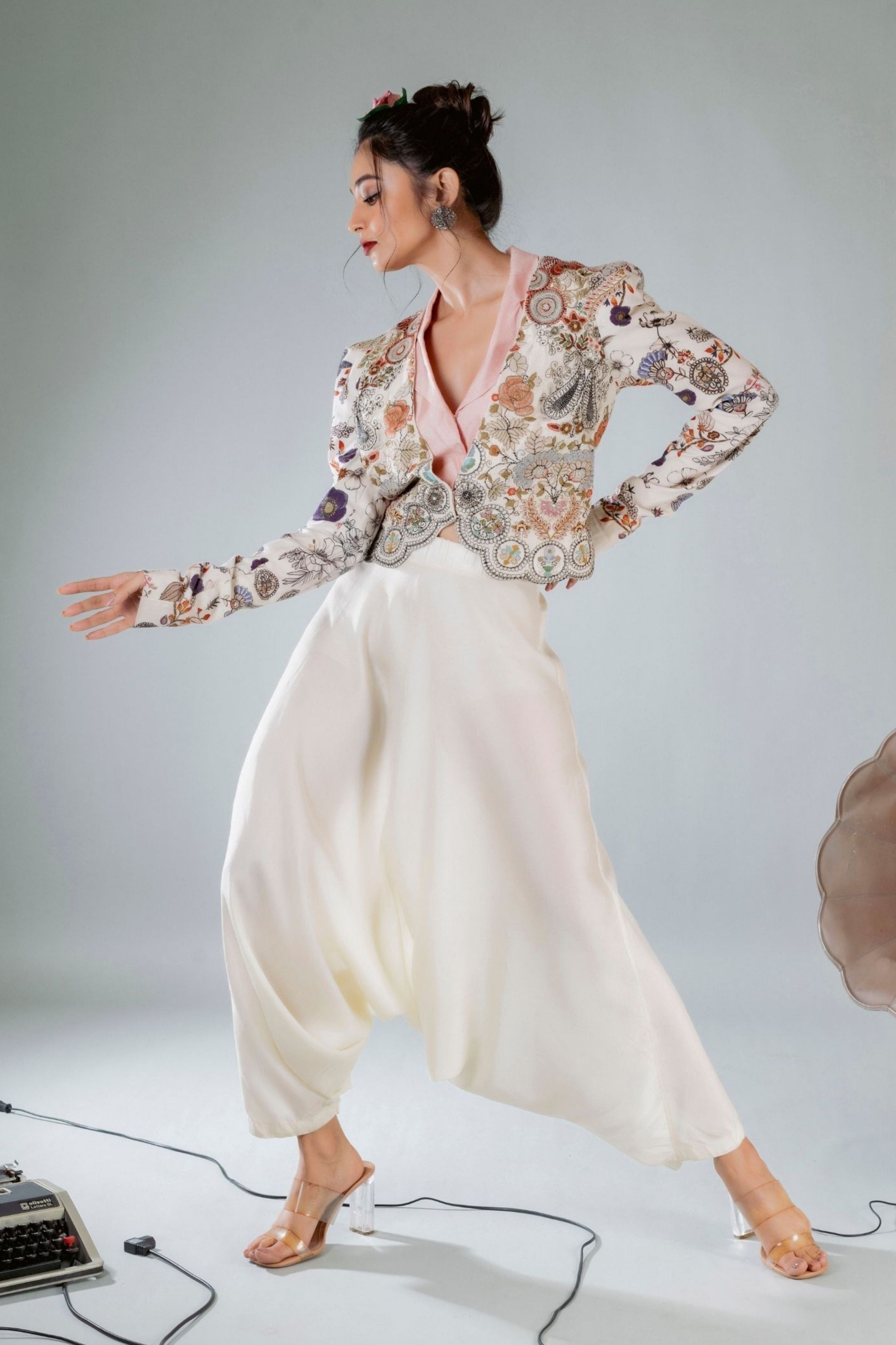 Printed Embroidered Waistcoat With Drop Crotch Pants