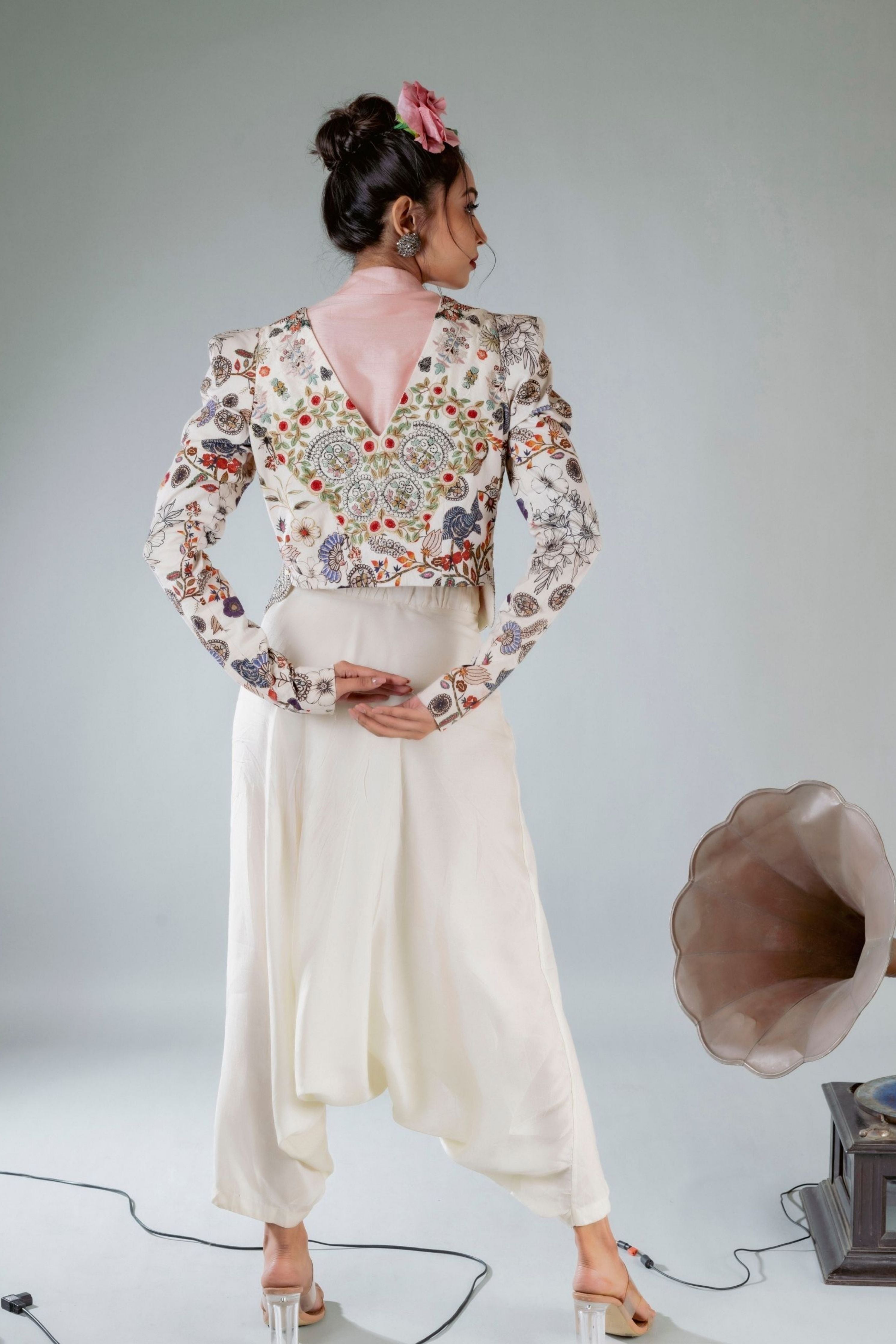 Printed Embroidered Waistcoat With Drop Crotch Pants