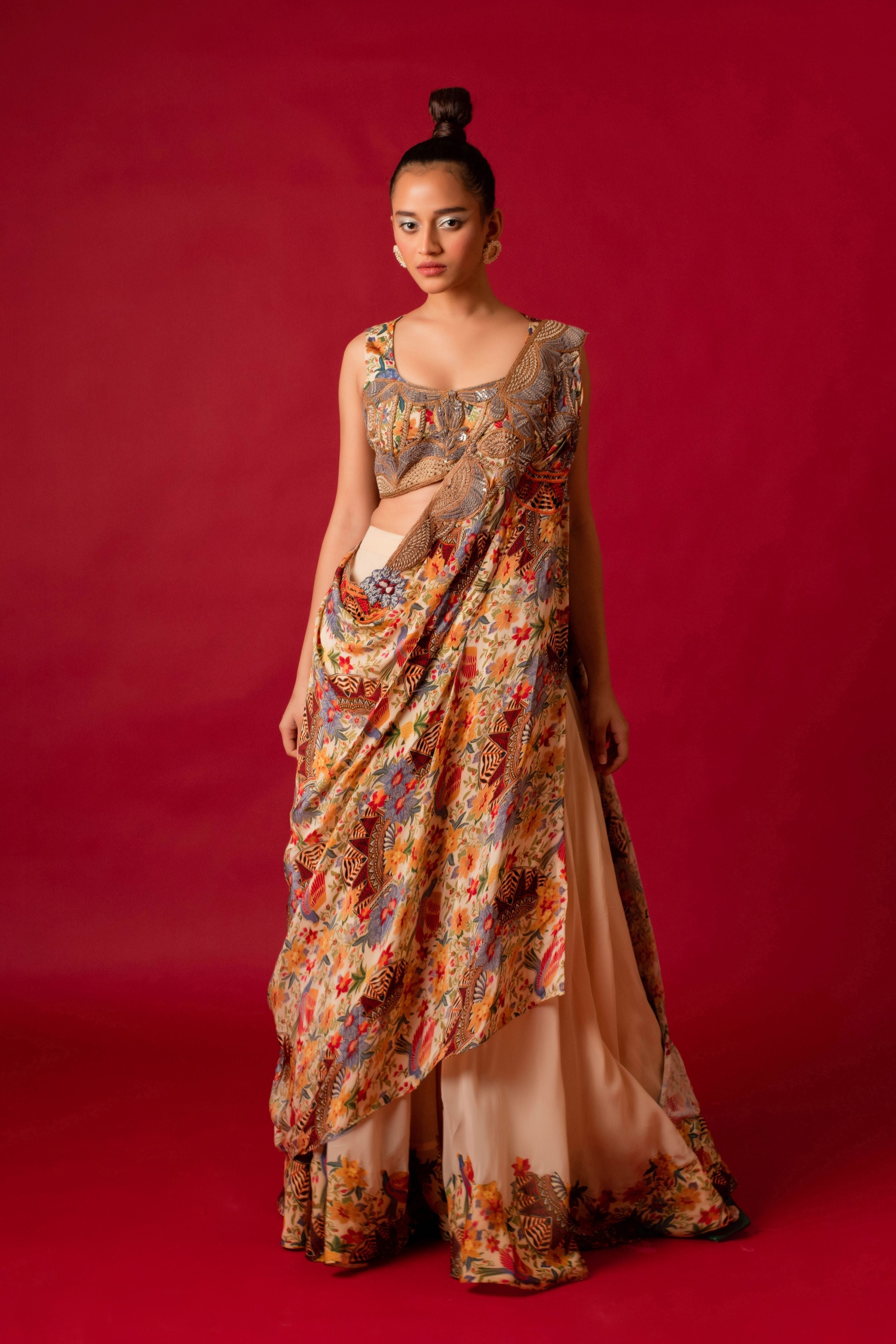 Ivory Sharara With Printed Drape And Blouse