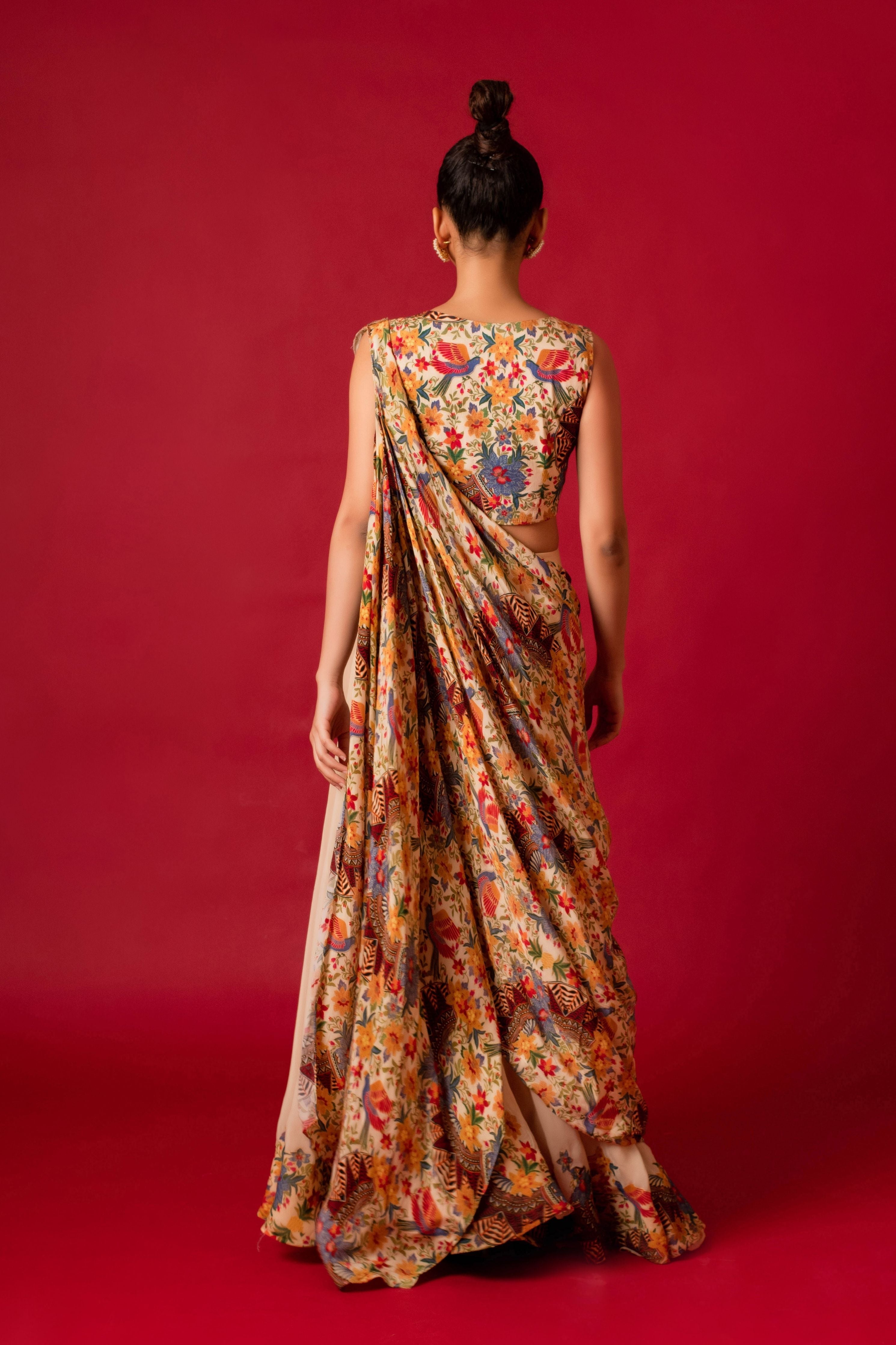 Ivory Sharara With Printed Drape And Blouse