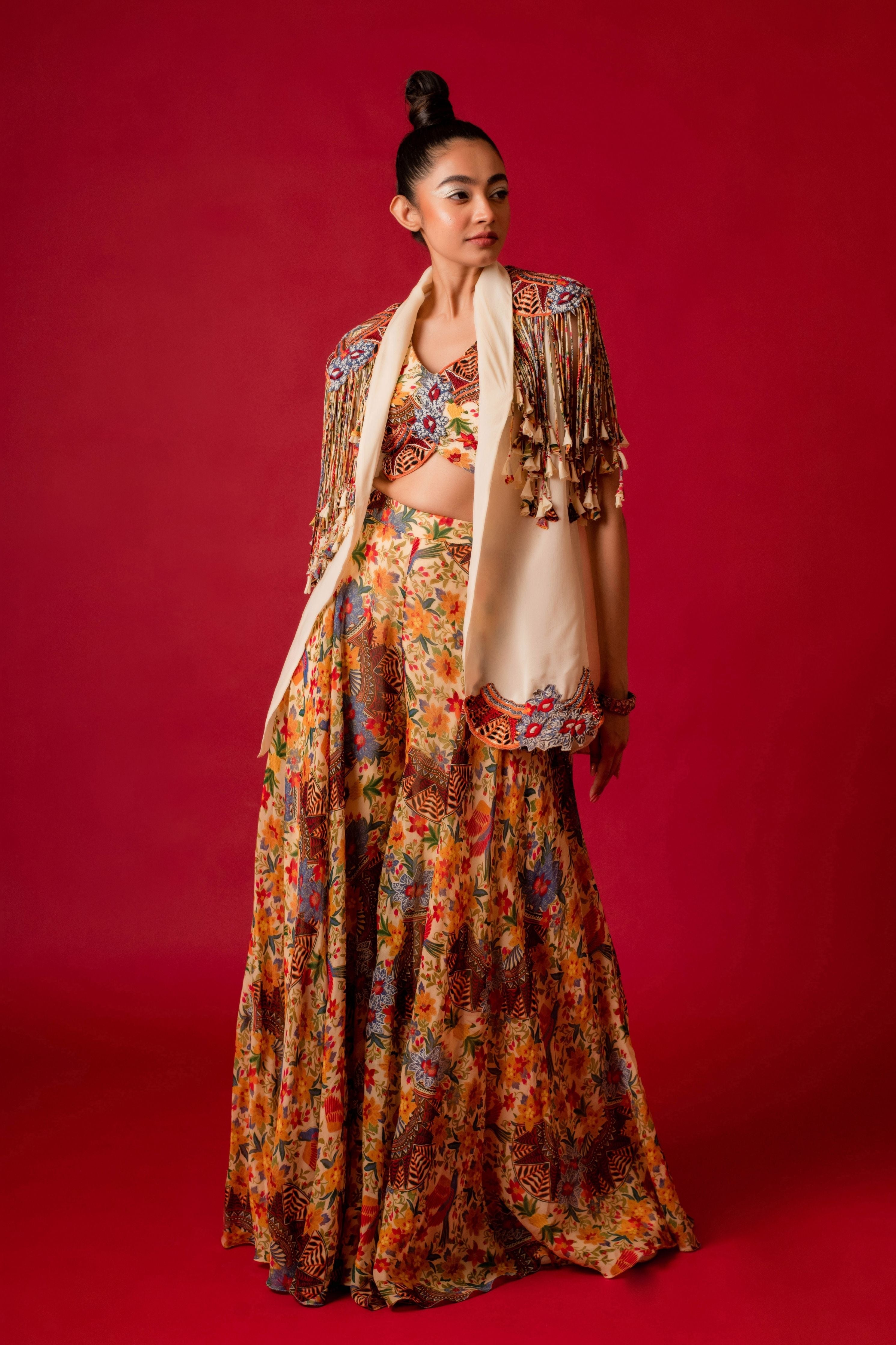 Printed Sharara With Bustier And Embroidered Short Jacket