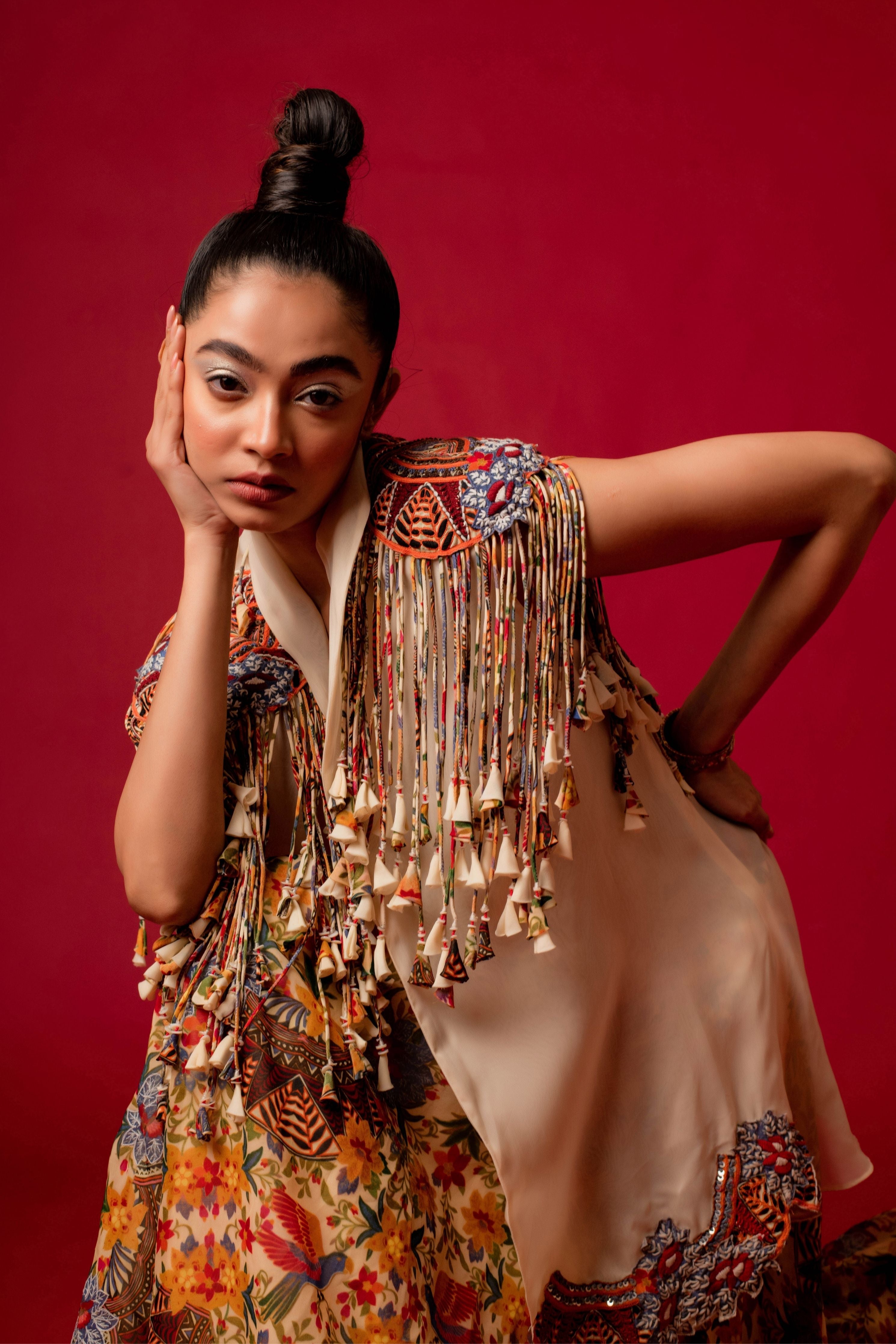 Printed Sharara With Bustier And Embroidered Short Jacket