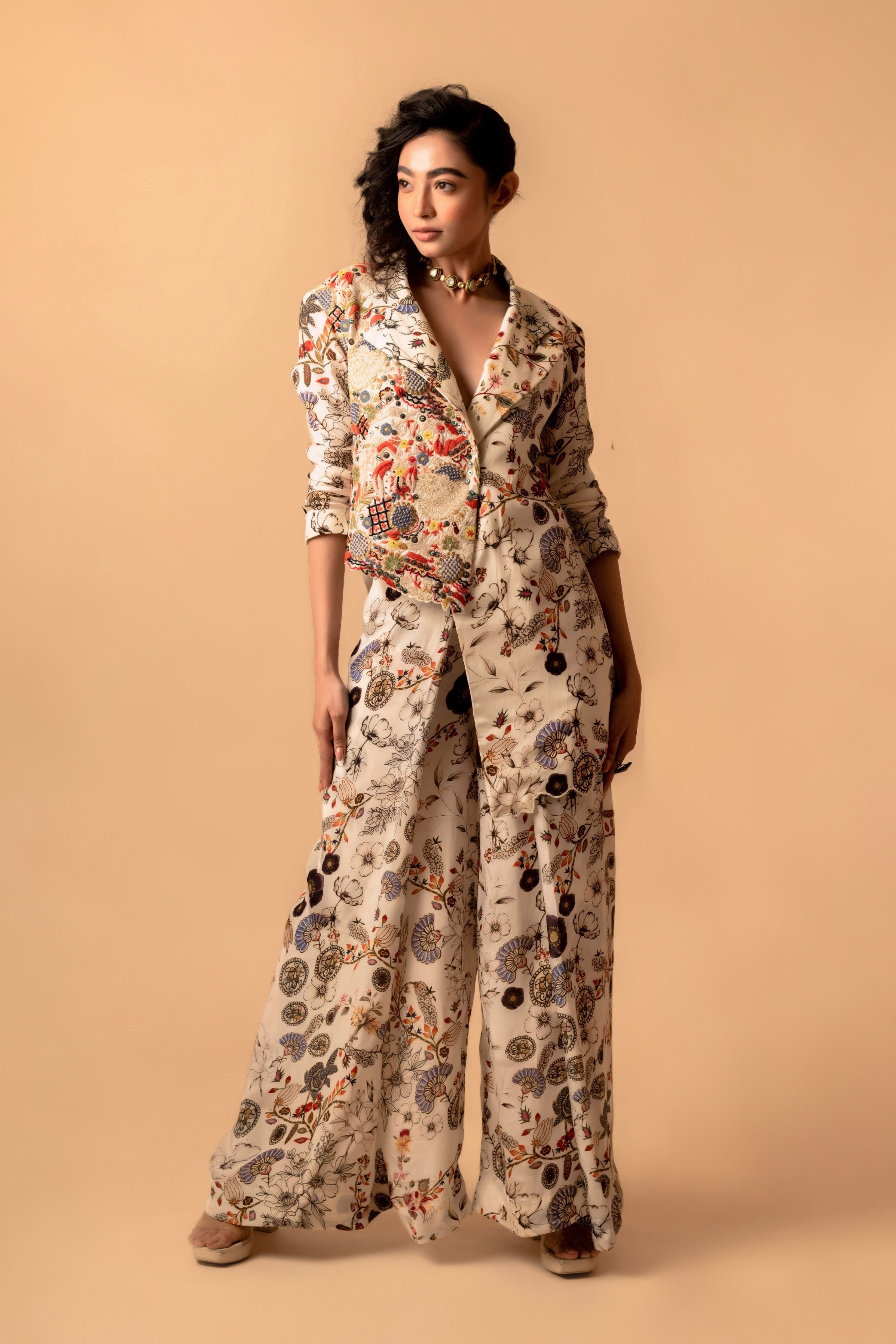 Printed Pant Suit With Embroidered Panel
