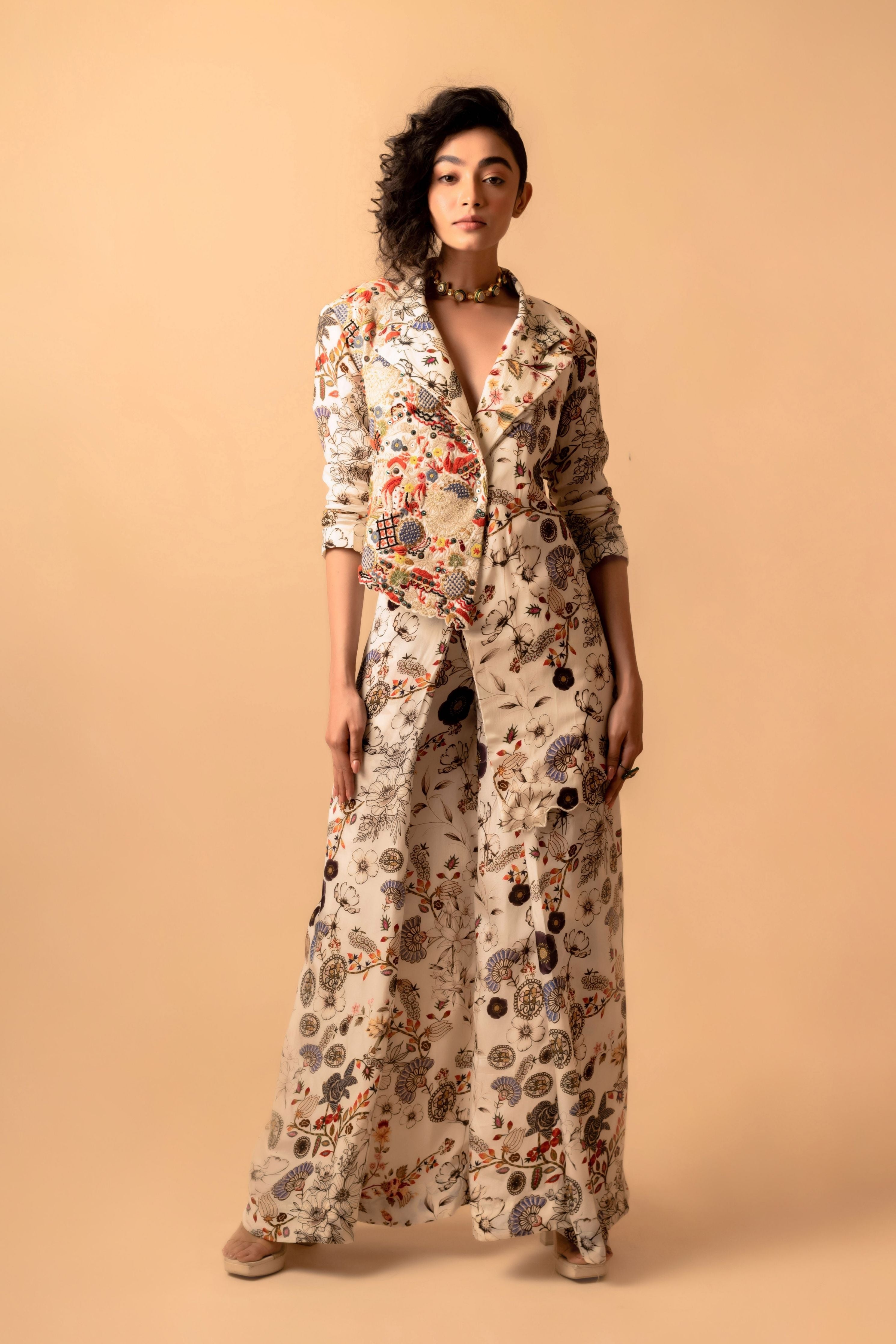 Printed Pant Suit With Embroidered Panel