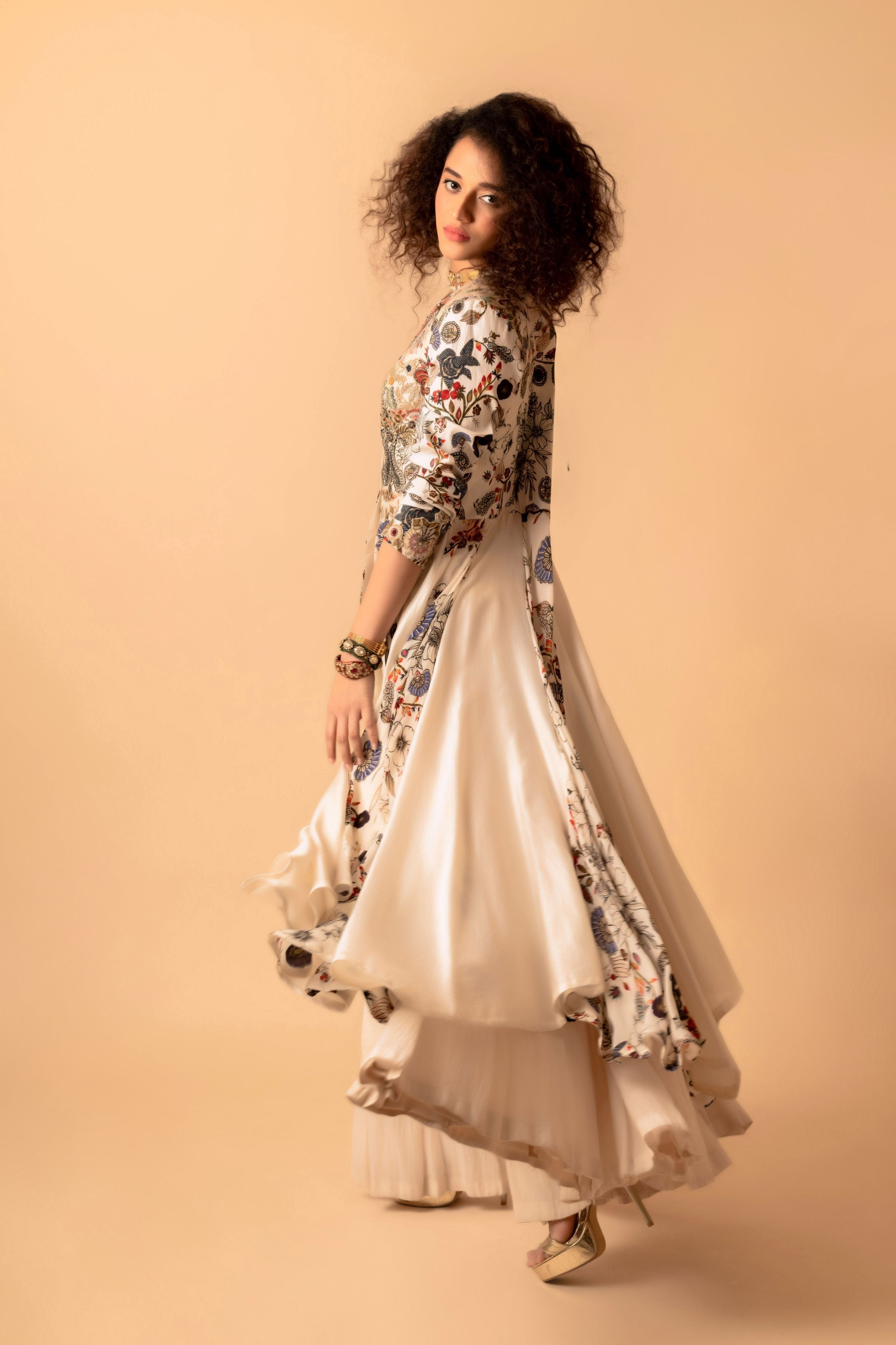 Printed One Shoulder Cape With Pants And Bustier