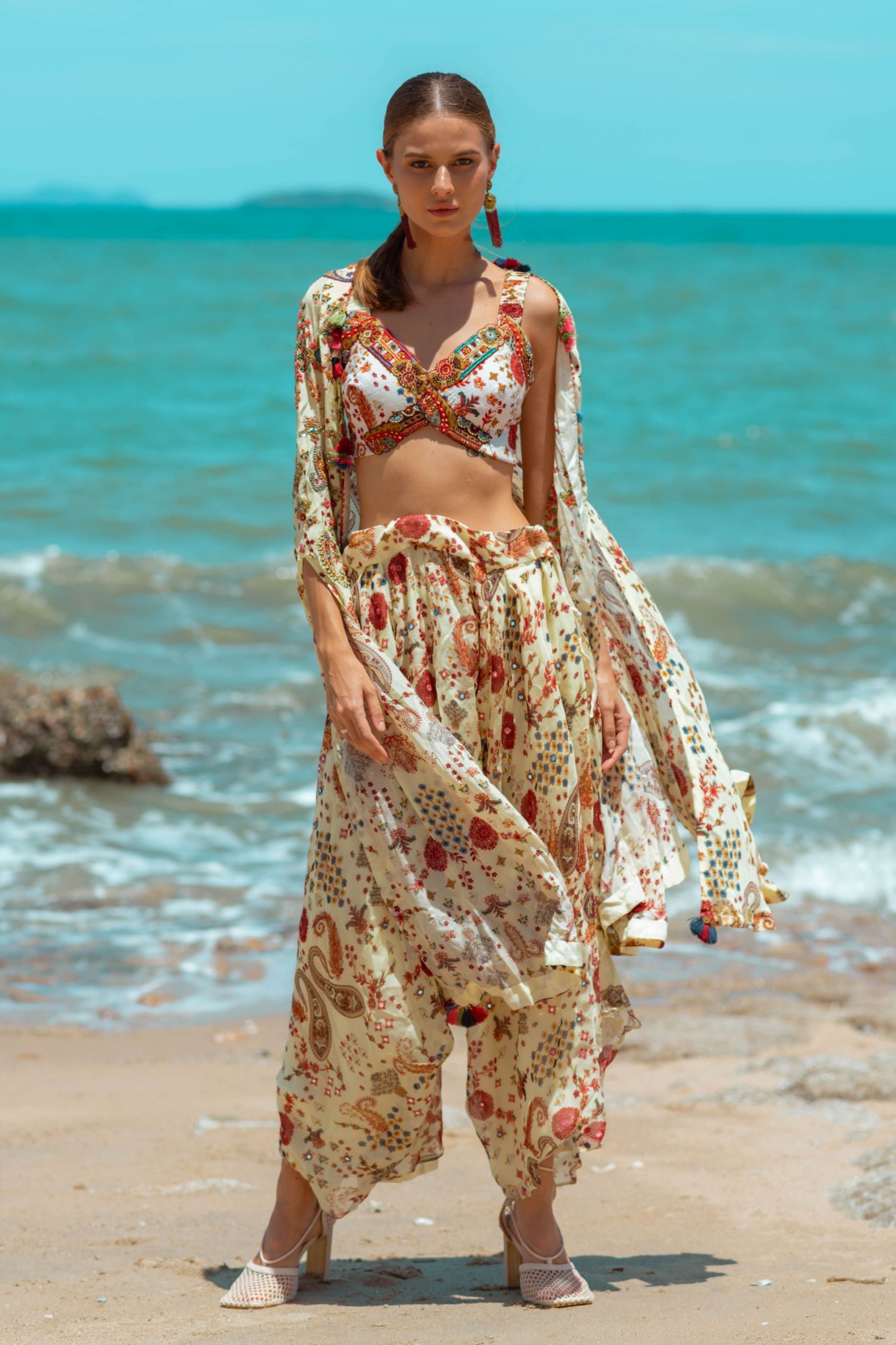 Printed Bustier Pants And Short Cape