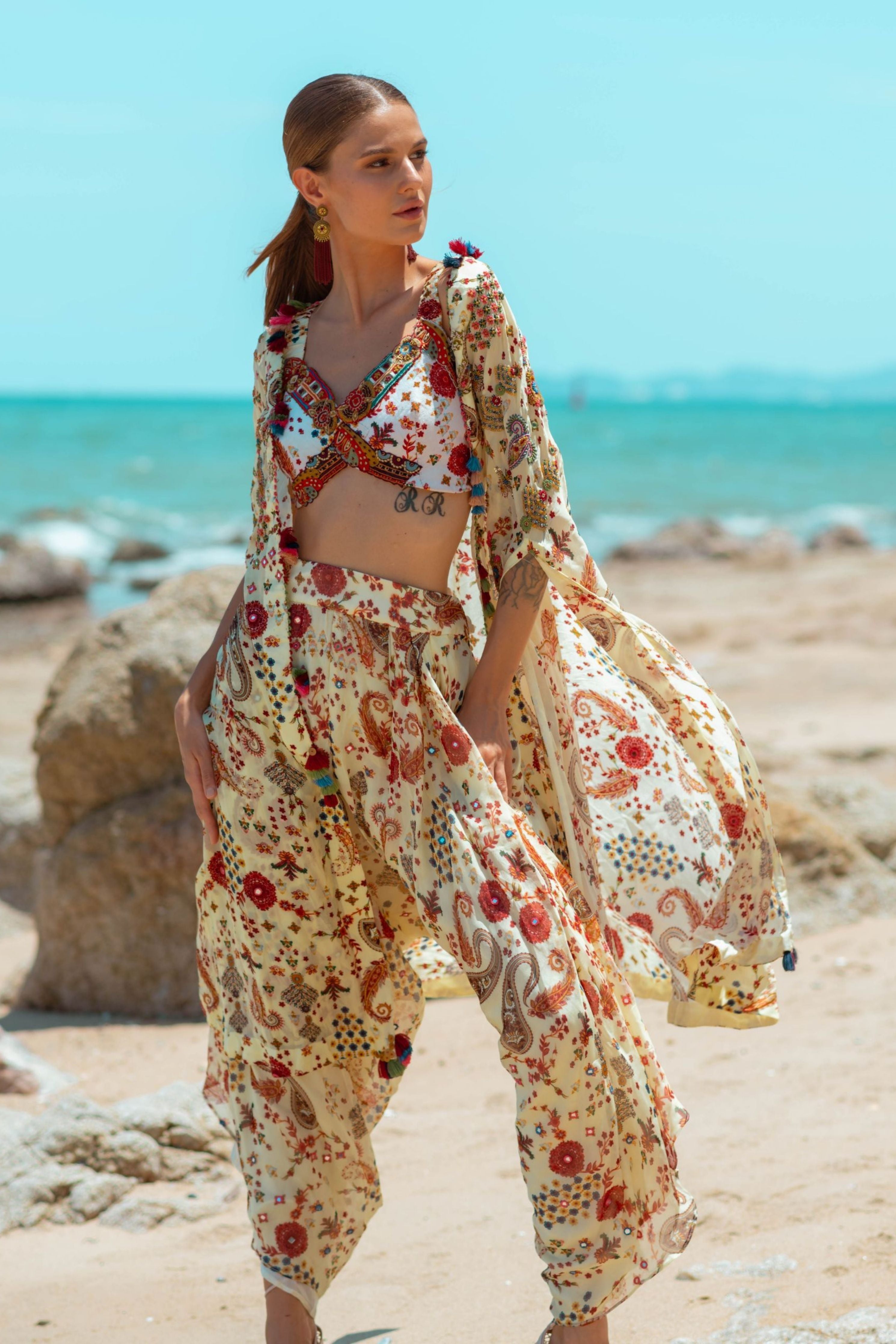 Printed Bustier Pants And Short Cape