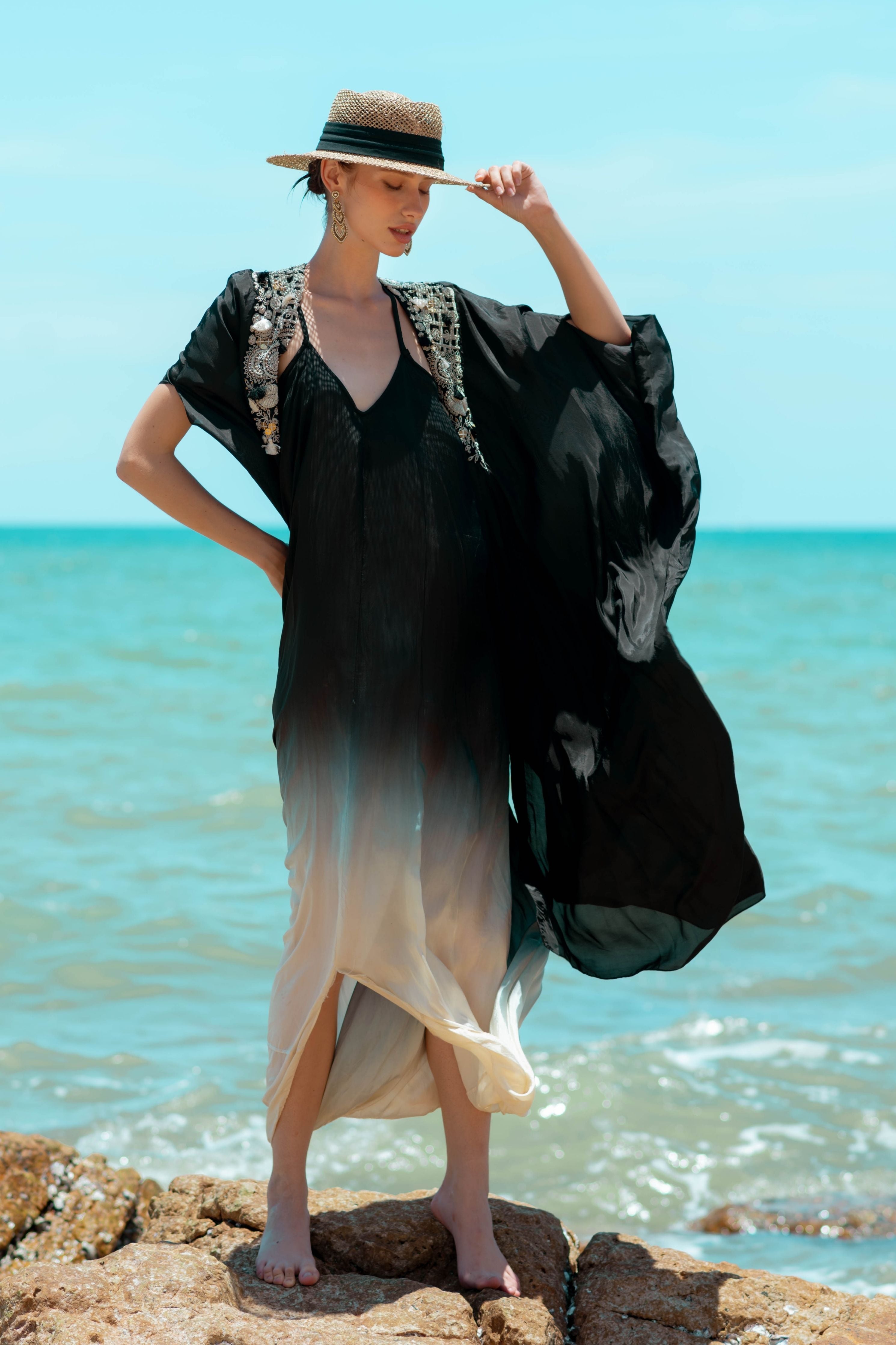 Ombre Dyed Cowl Dress With Long Cape