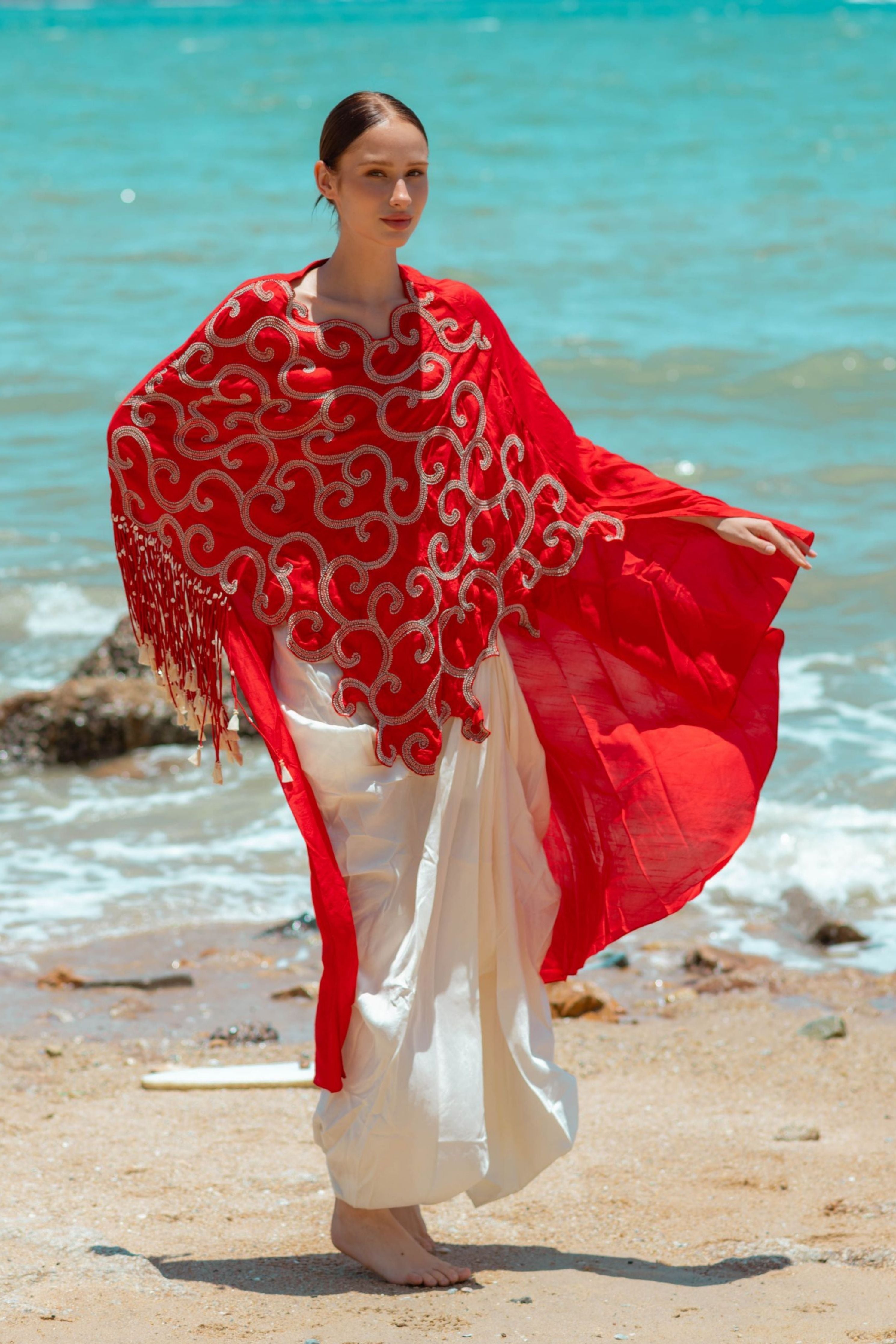 Embroidered Tassel Detailing Cape With Bustier And Drape Skjirt