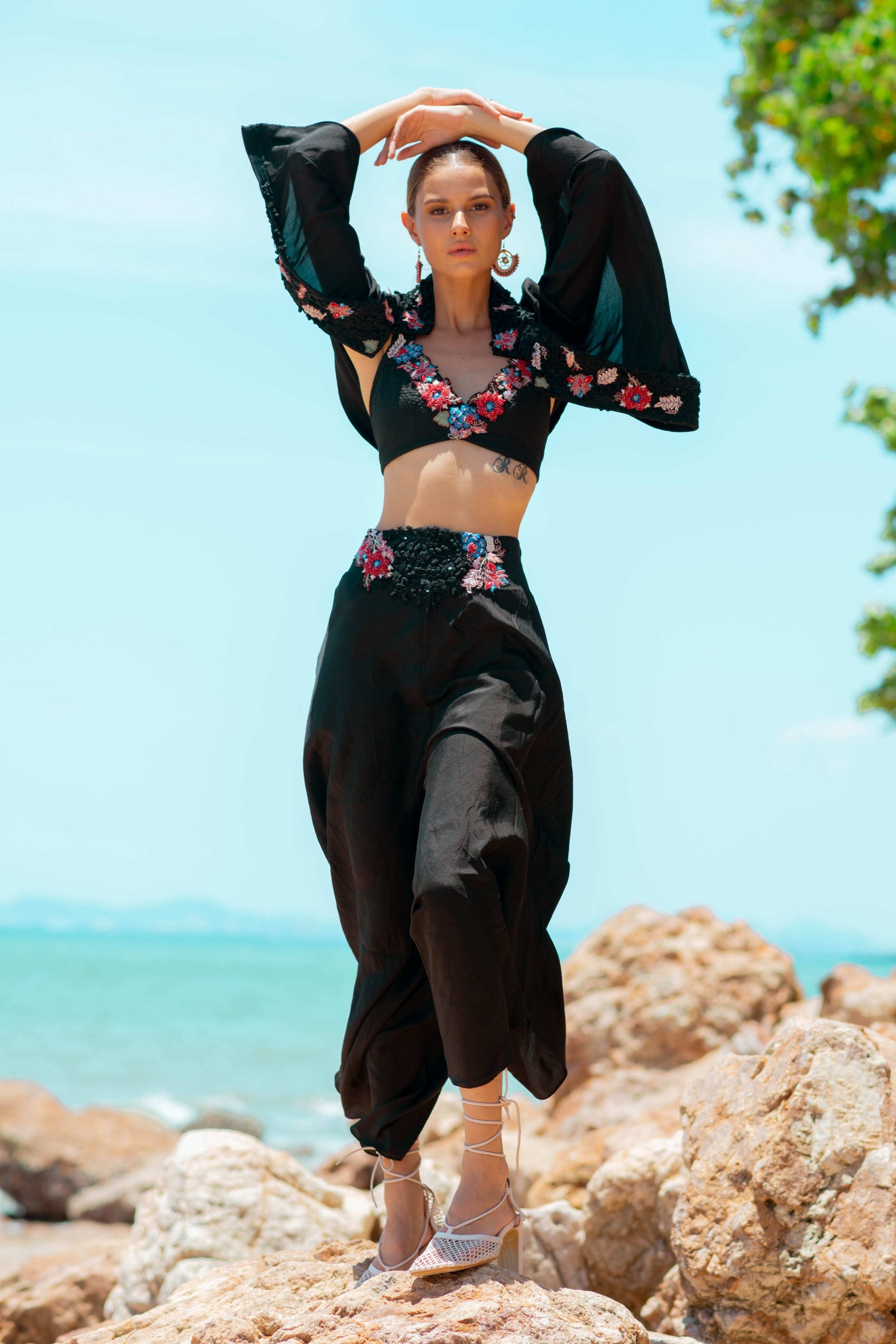 Black Coird Set With Cape Style Short Jacket And Embroidered Bustier