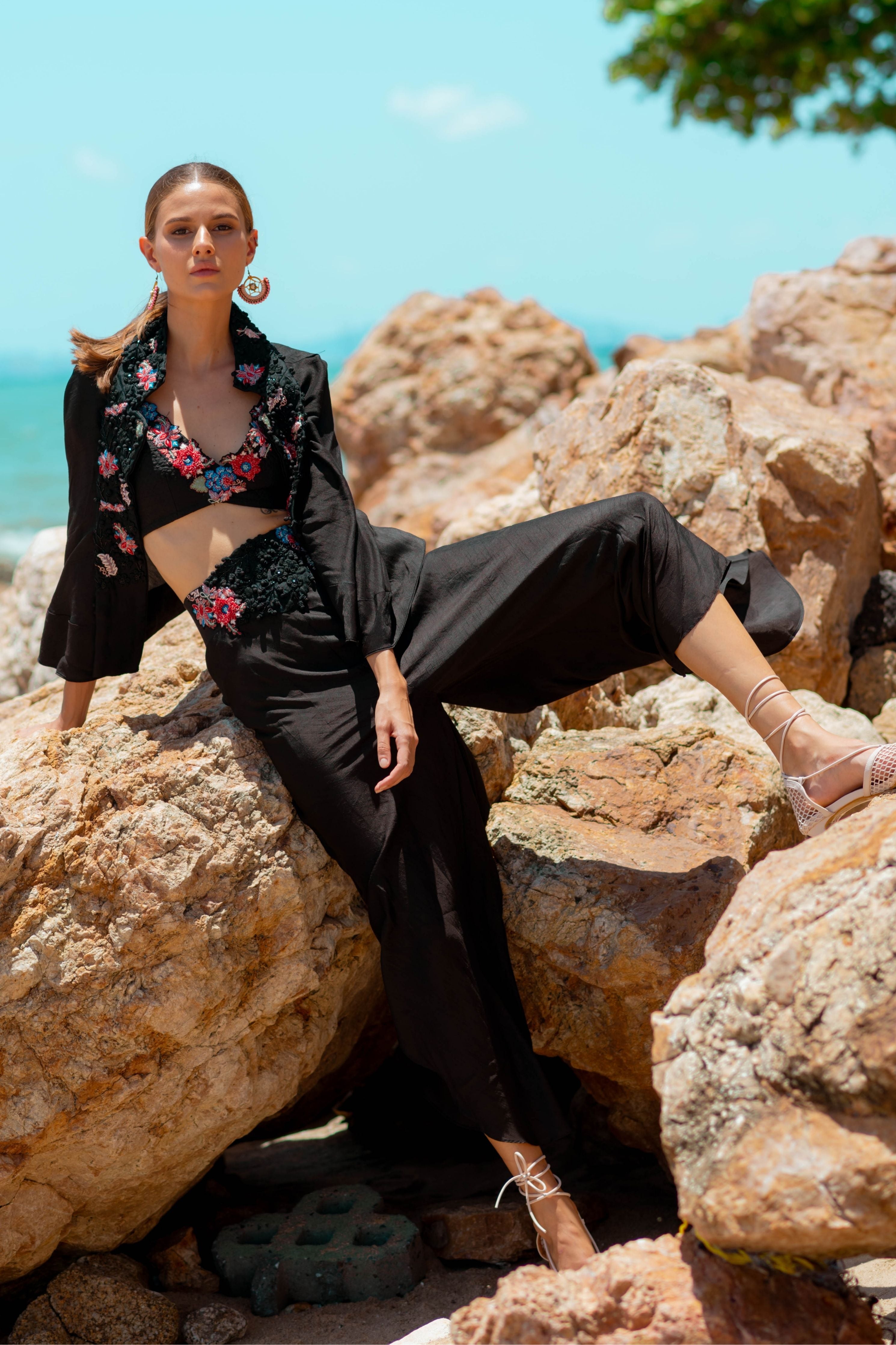 Black Coird Set With Cape Style Short Jacket And Embroidered Bustier