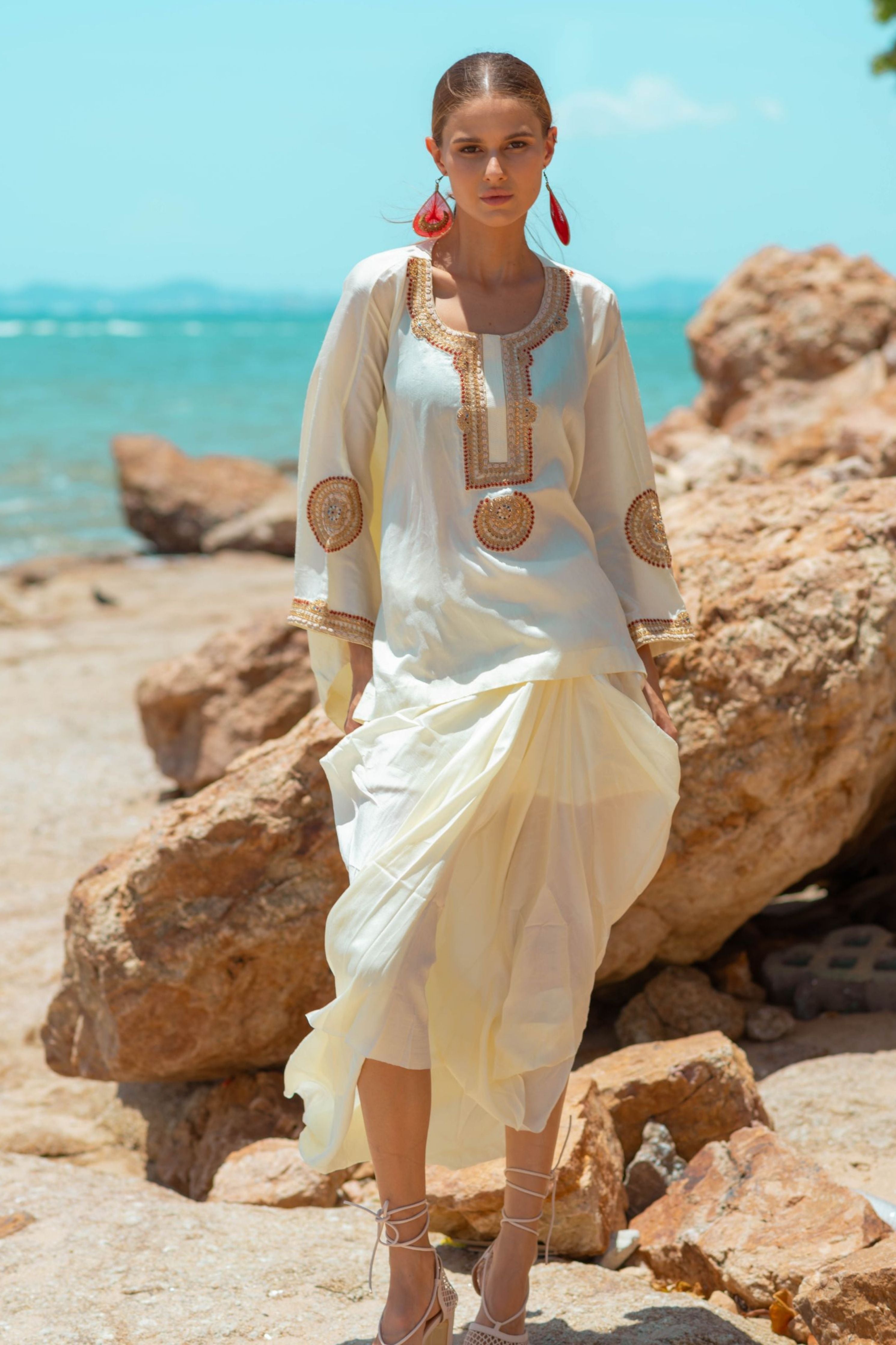 Embroidered Short Kaftaan With Drape Skirt