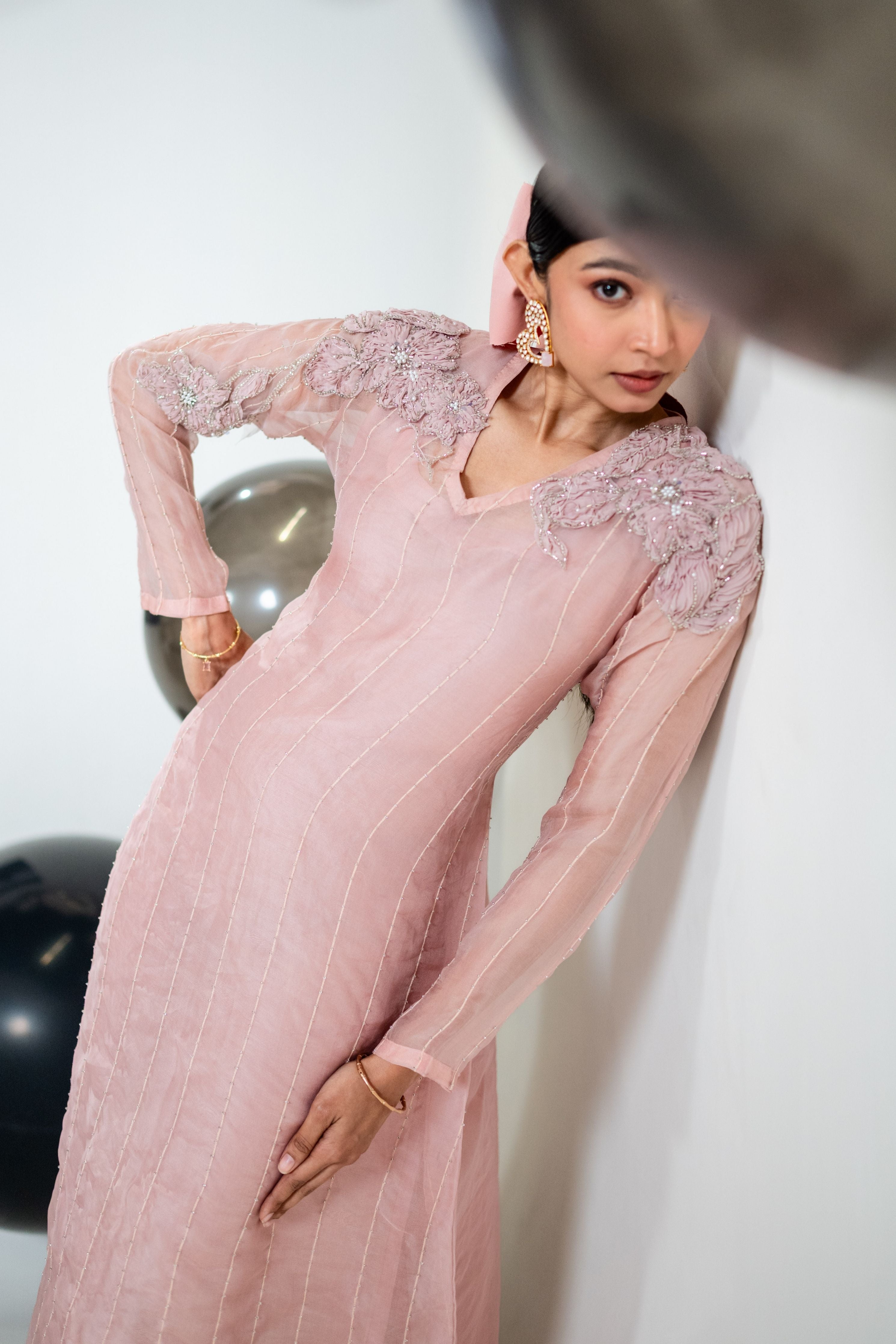 A-Line Embroidered Organza Mid Length Dress