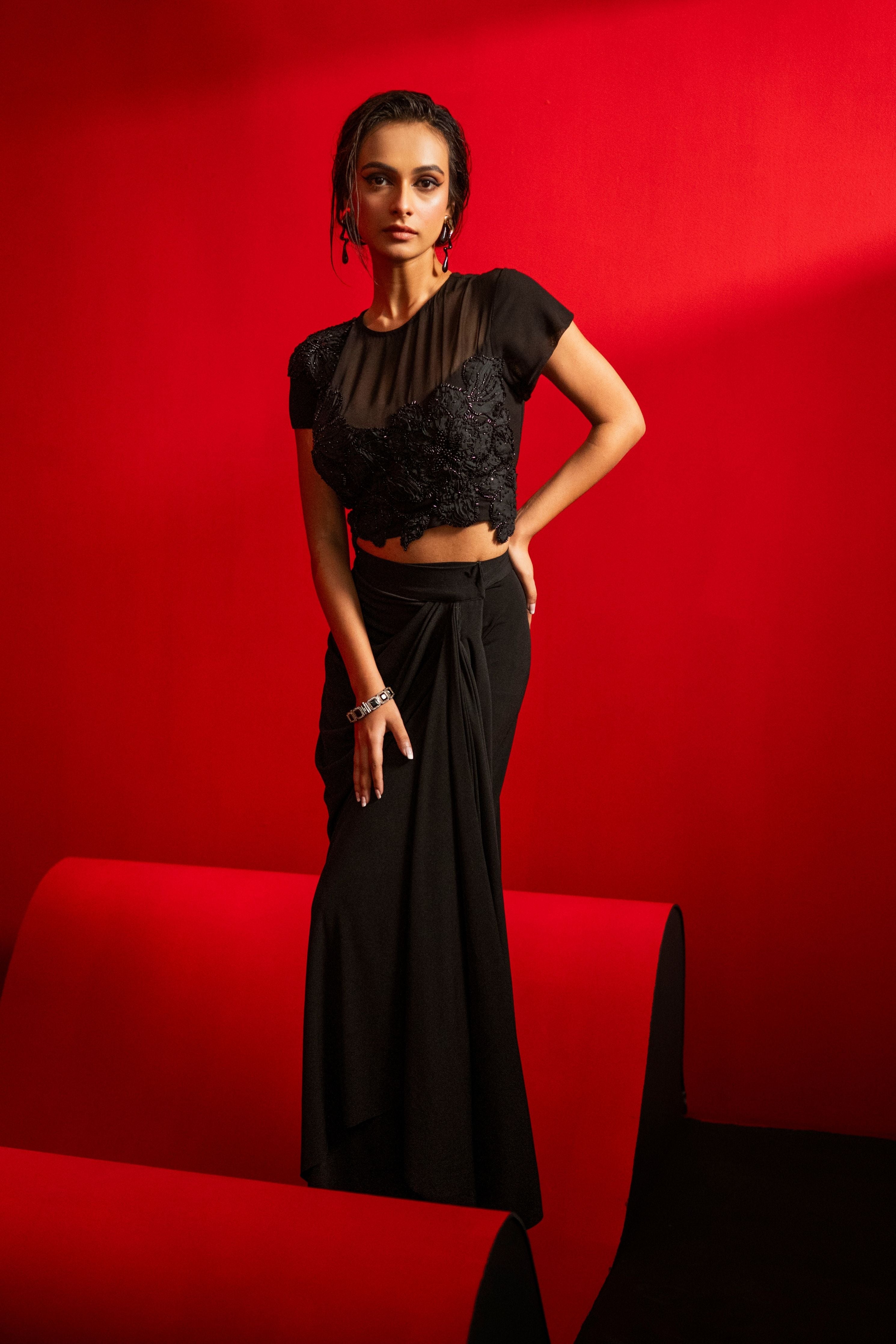 Embroidered Short Top With Drape Wrap Skirt