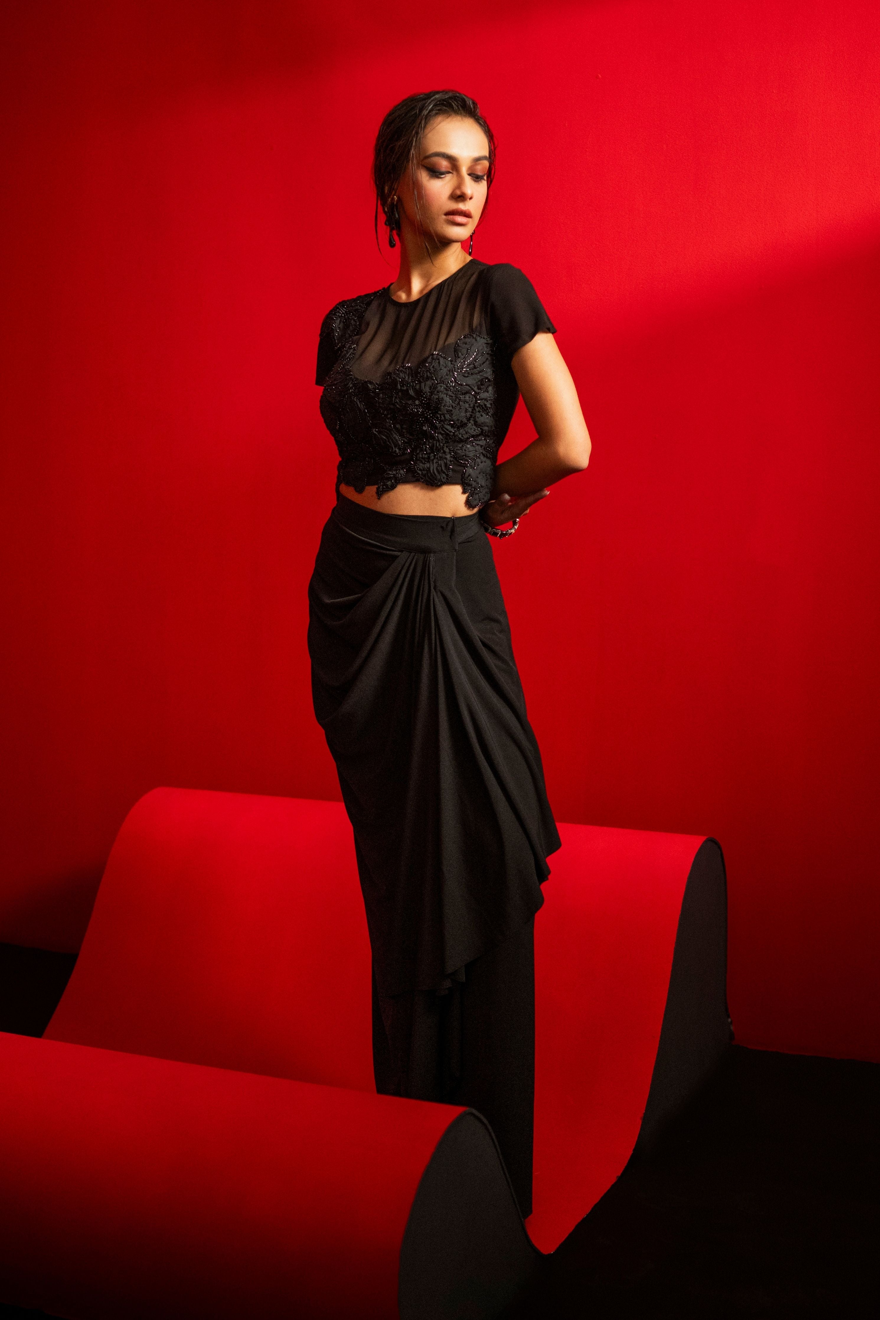 Embroidered Short Top With Drape Wrap Skirt