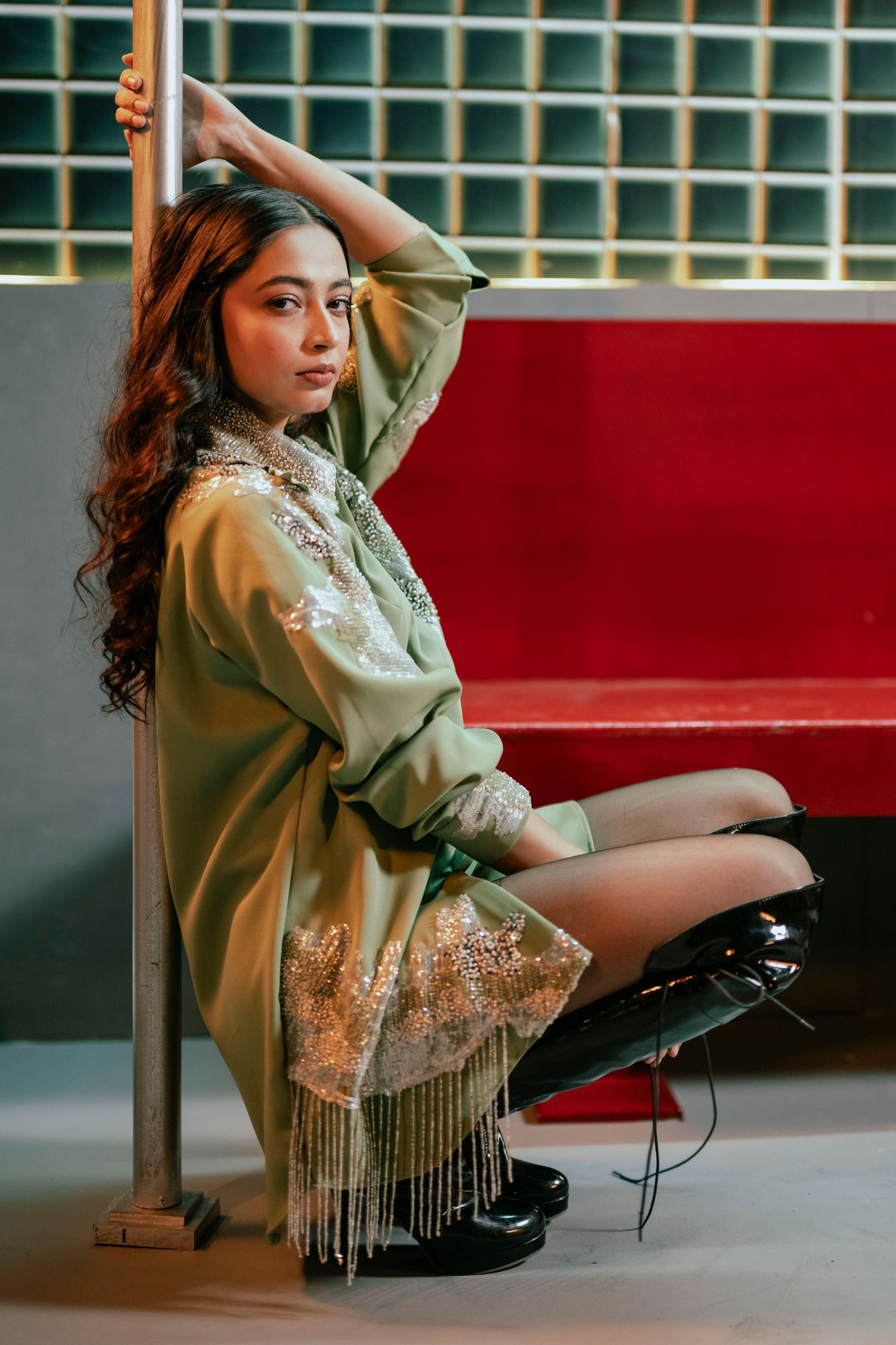 Embroidered Long Shirt With Cutdana Tassel
