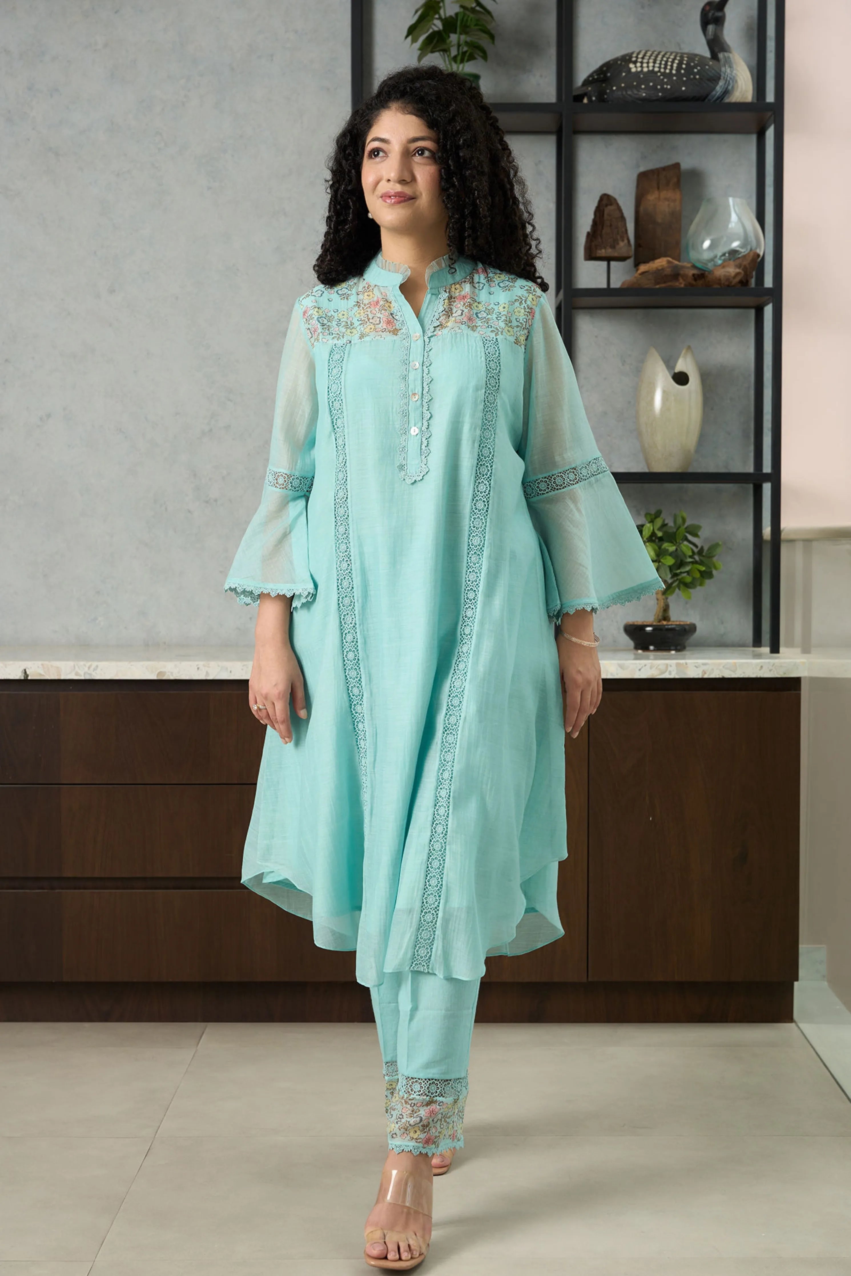 Aqua Blue Bell Sleeves Kurta Set