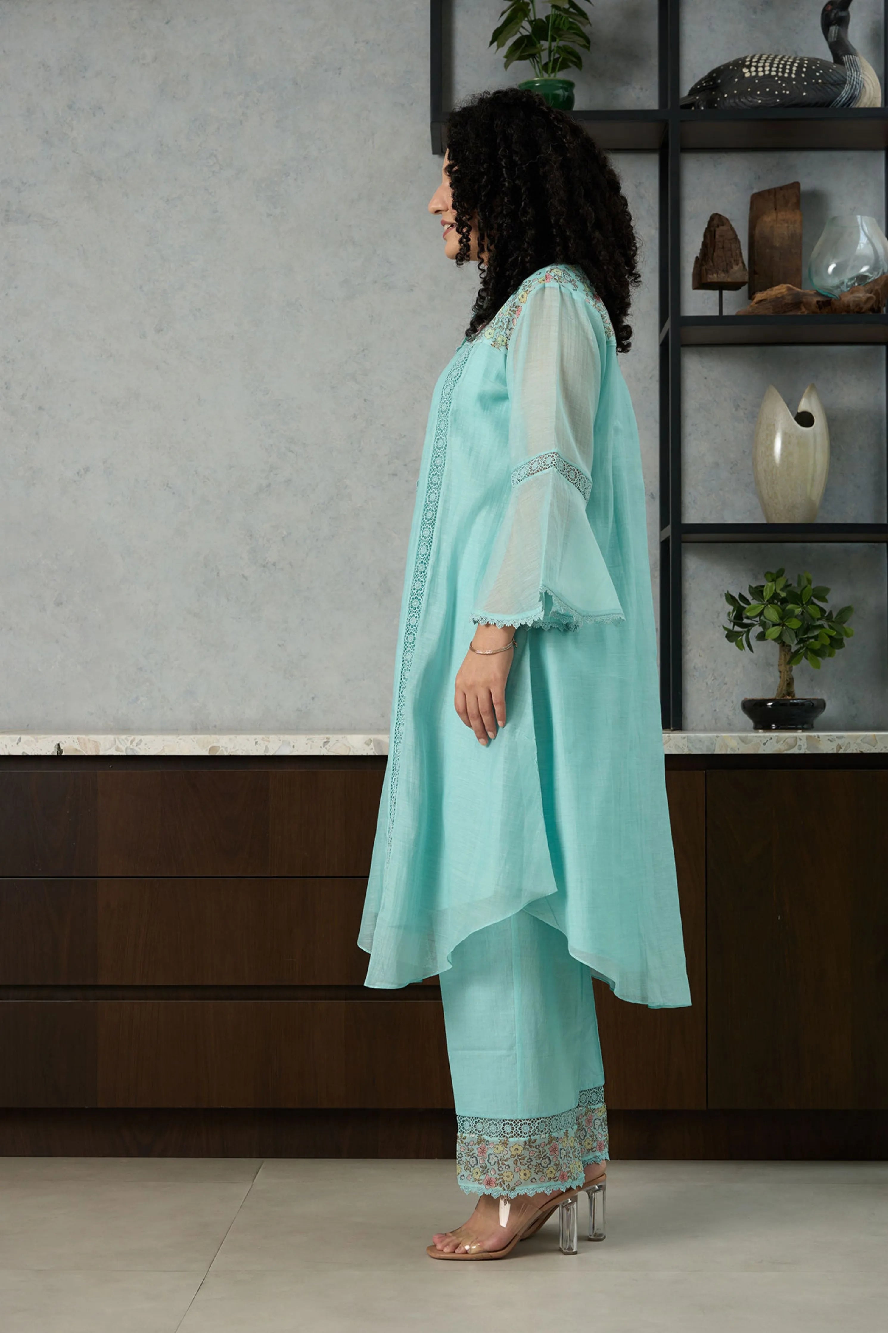 Aqua Blue Bell Sleeves Kurta Set