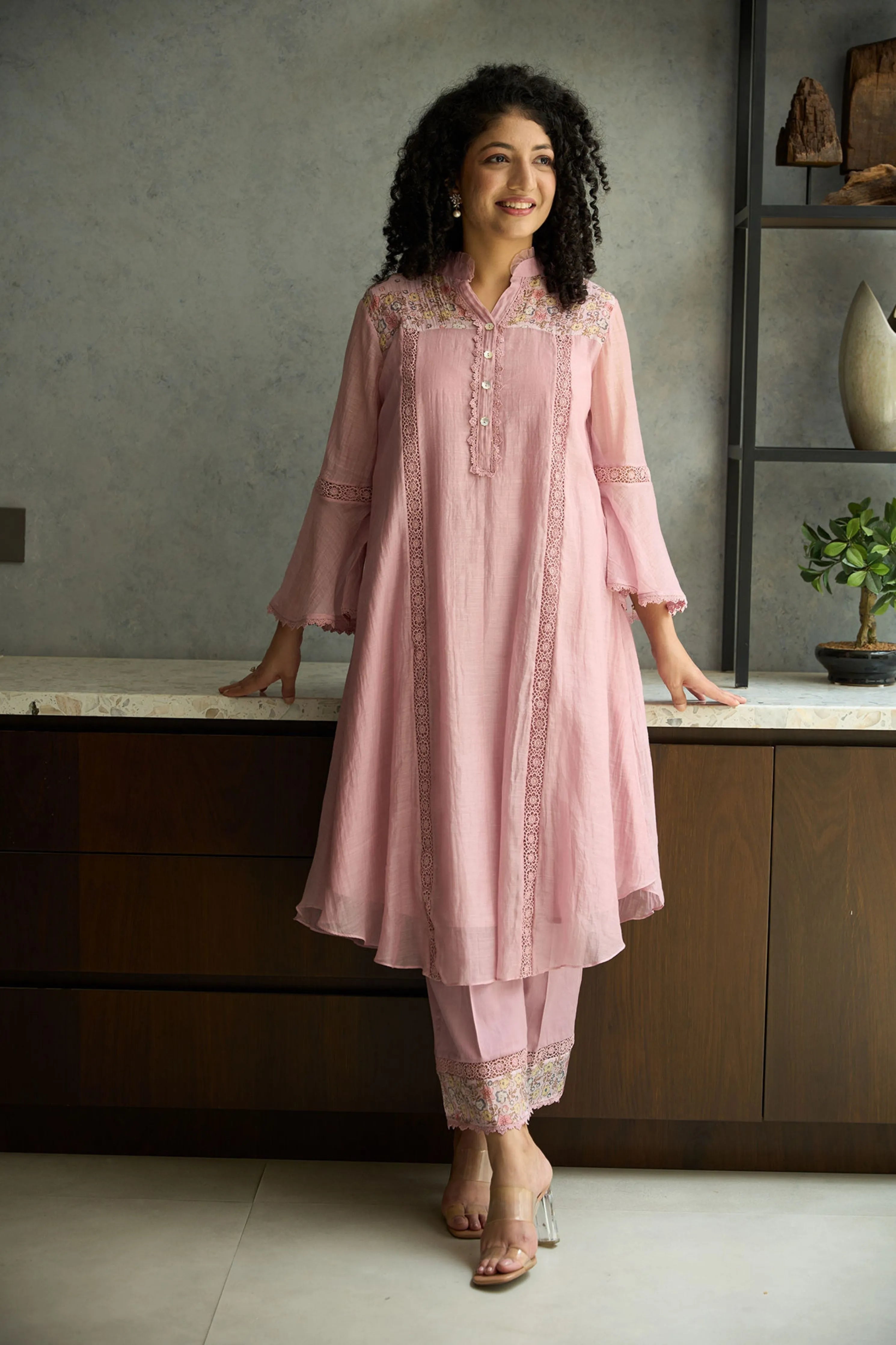 Pink Bell Sleeves Kurta Set