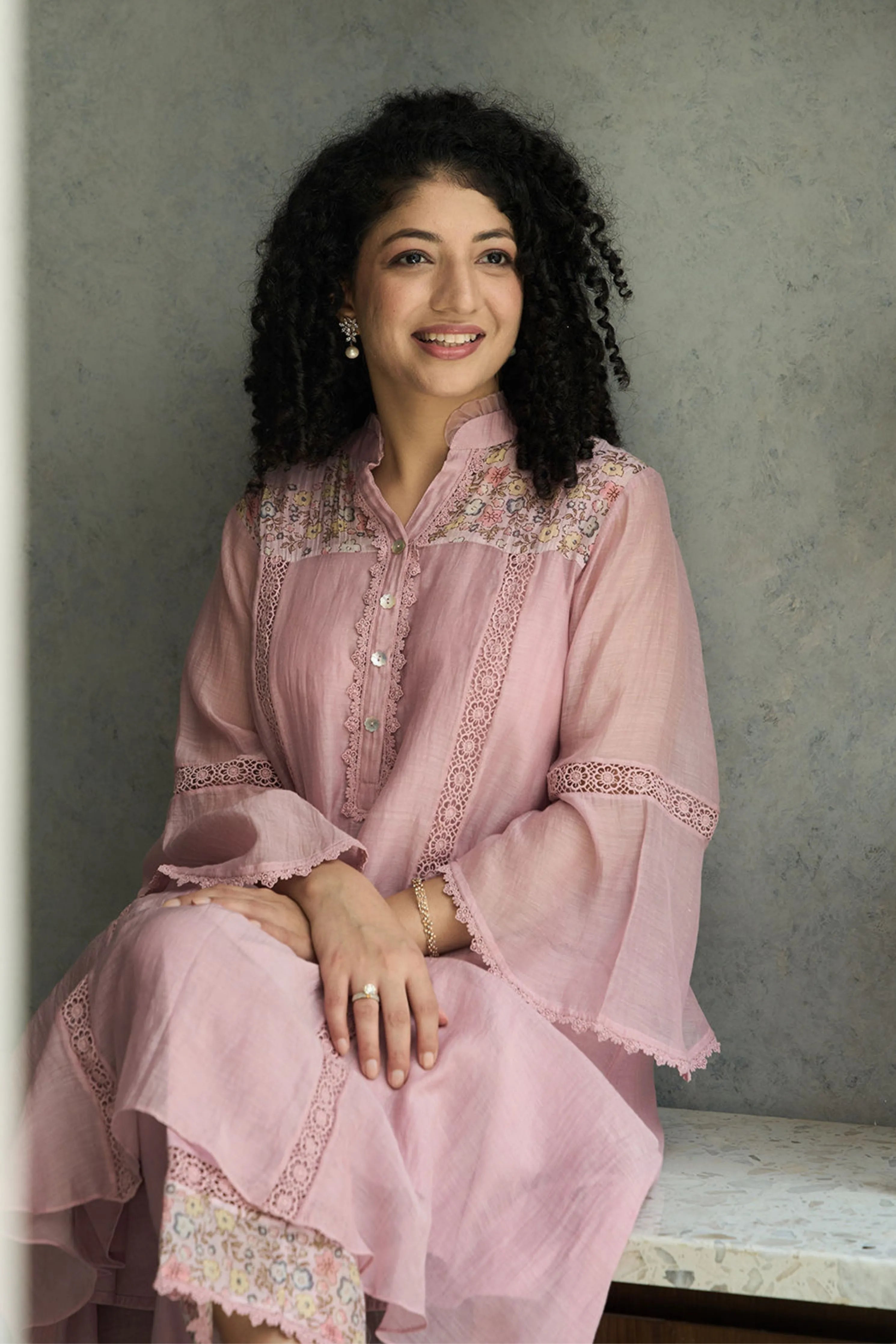 Pink Bell Sleeves Kurta Set
