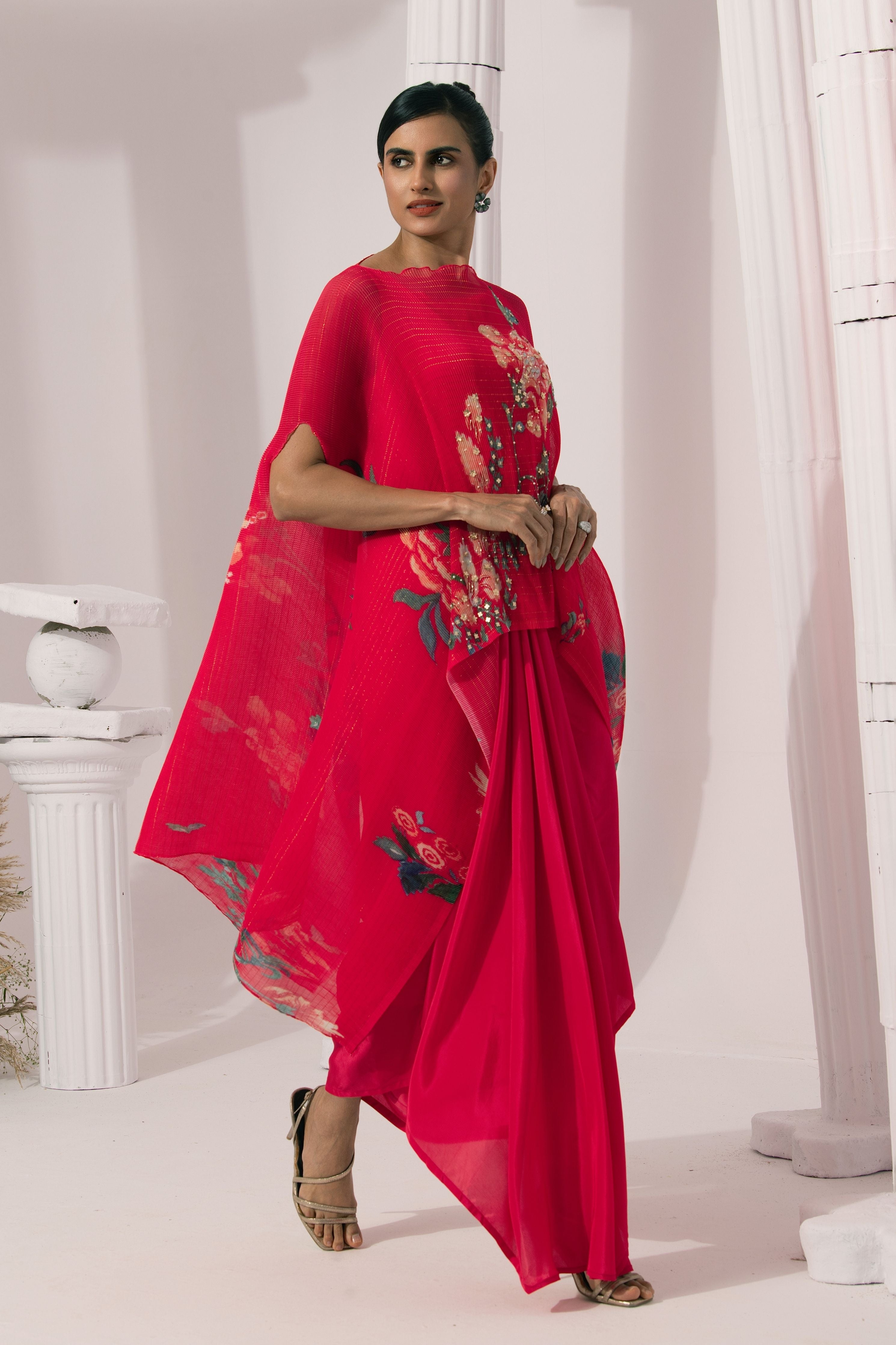 Wildflower Muse Cherry Red Kaftan & Dhoti Set
