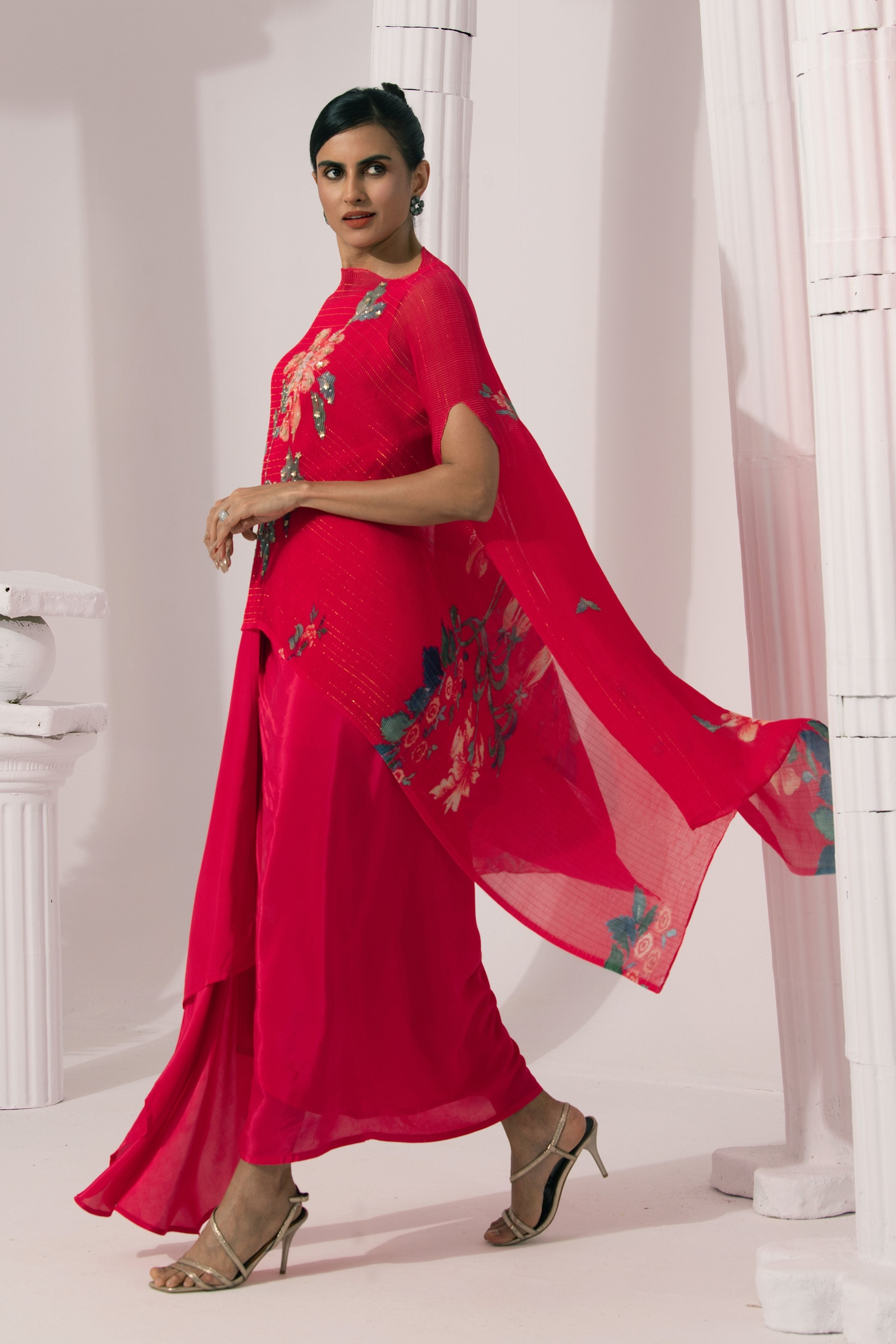 Wildflower Muse Cherry Red Kaftan & Dhoti Set