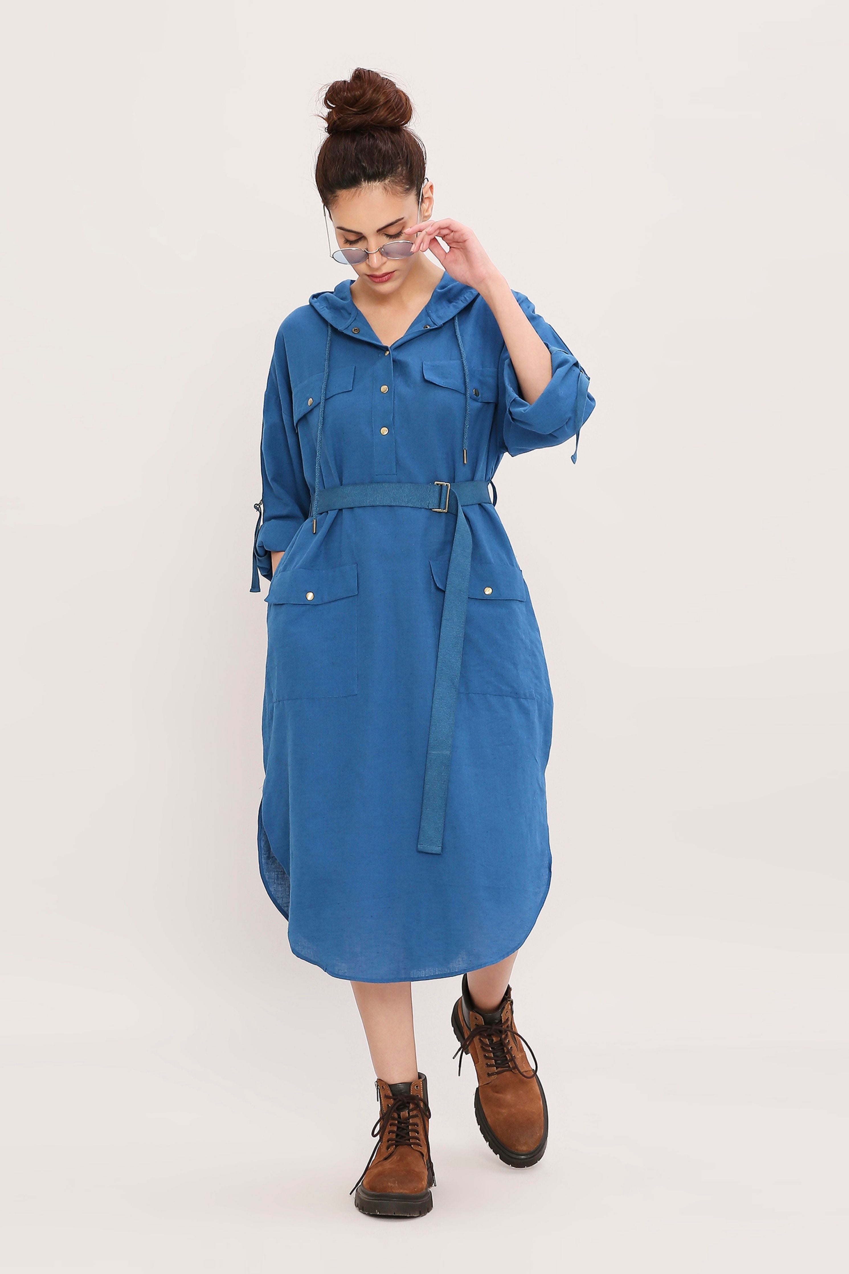 Blue Safari Pocket Hooded Dress