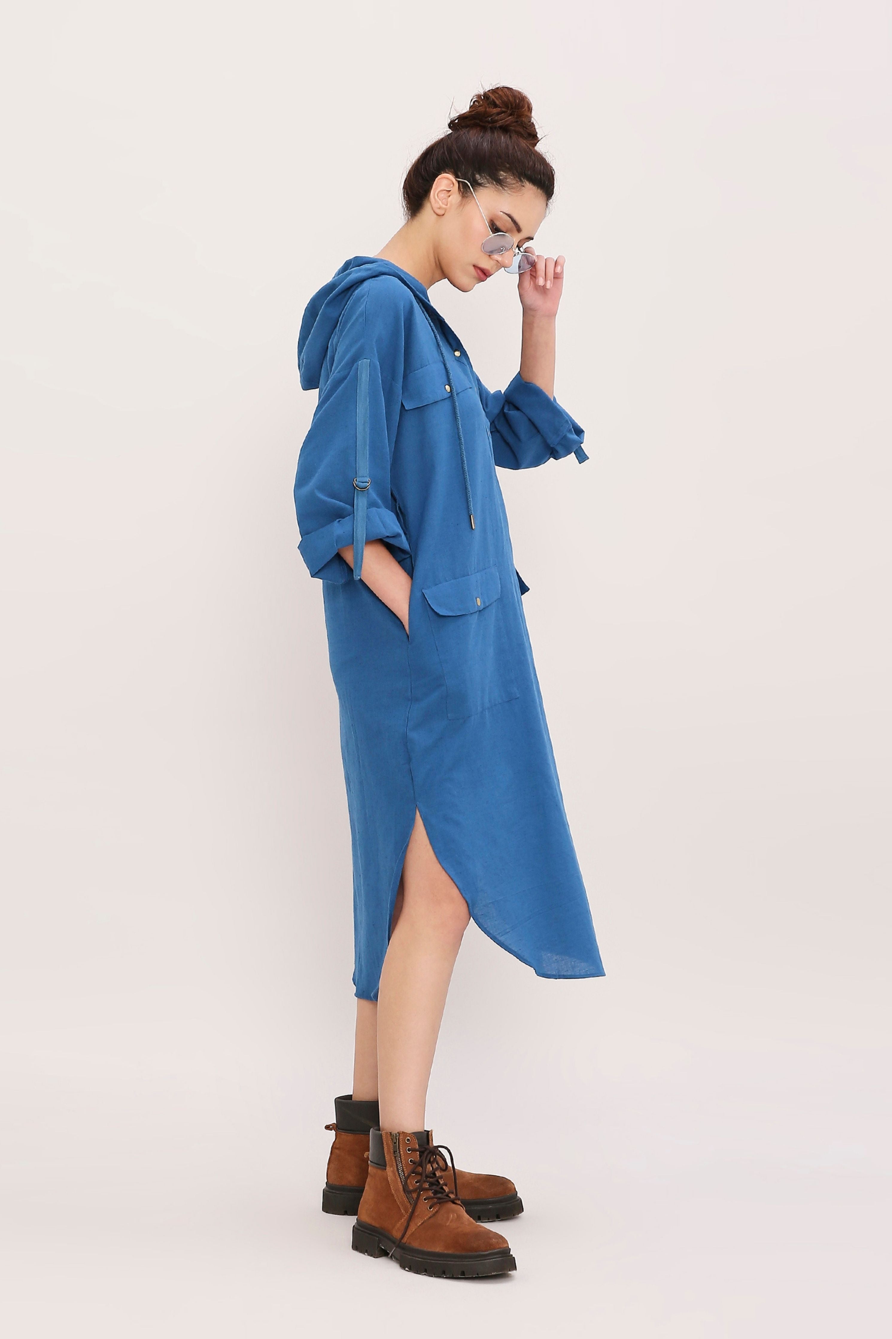 Blue Safari Pocket Hooded Dress
