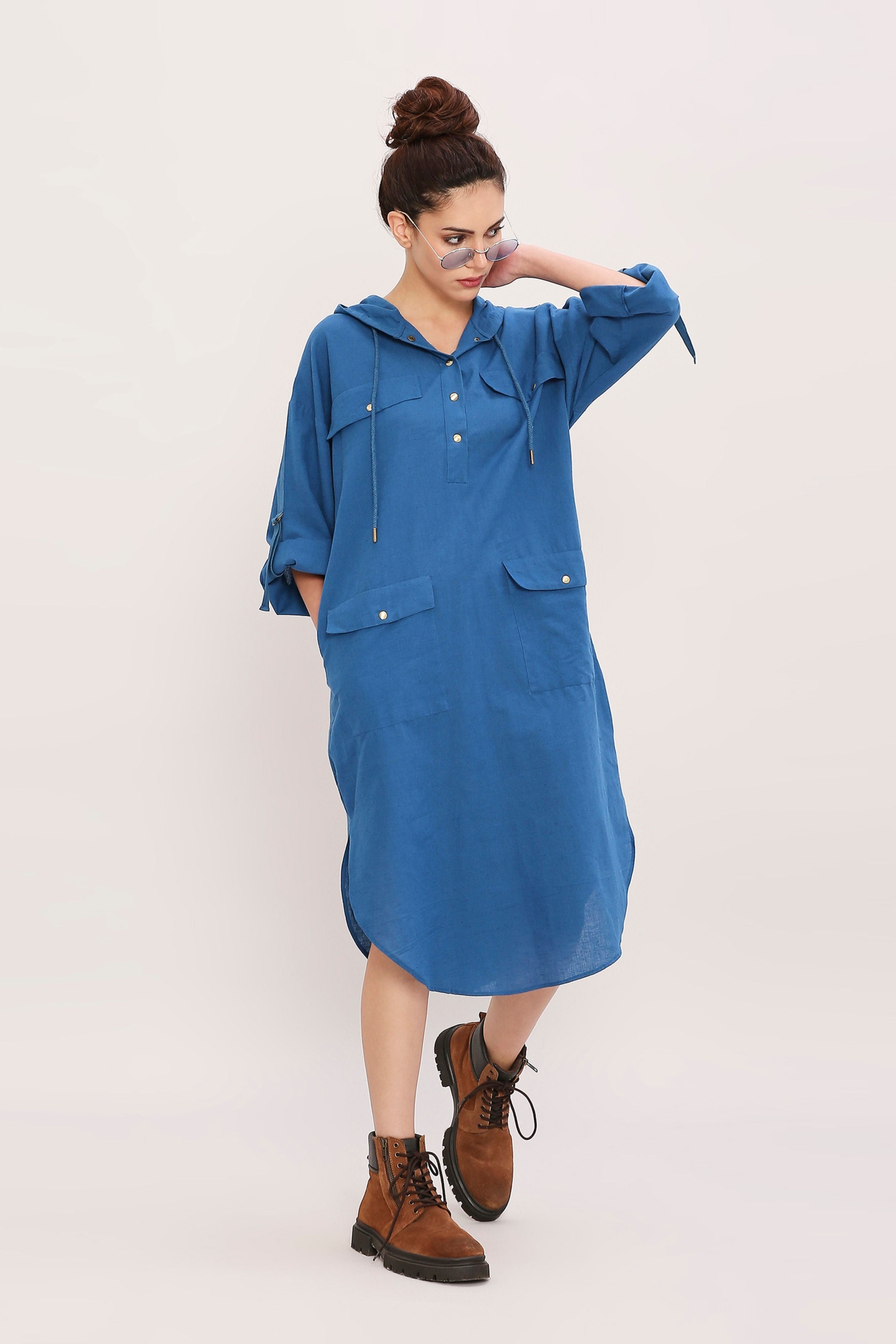 Blue Safari Pocket Hooded Dress