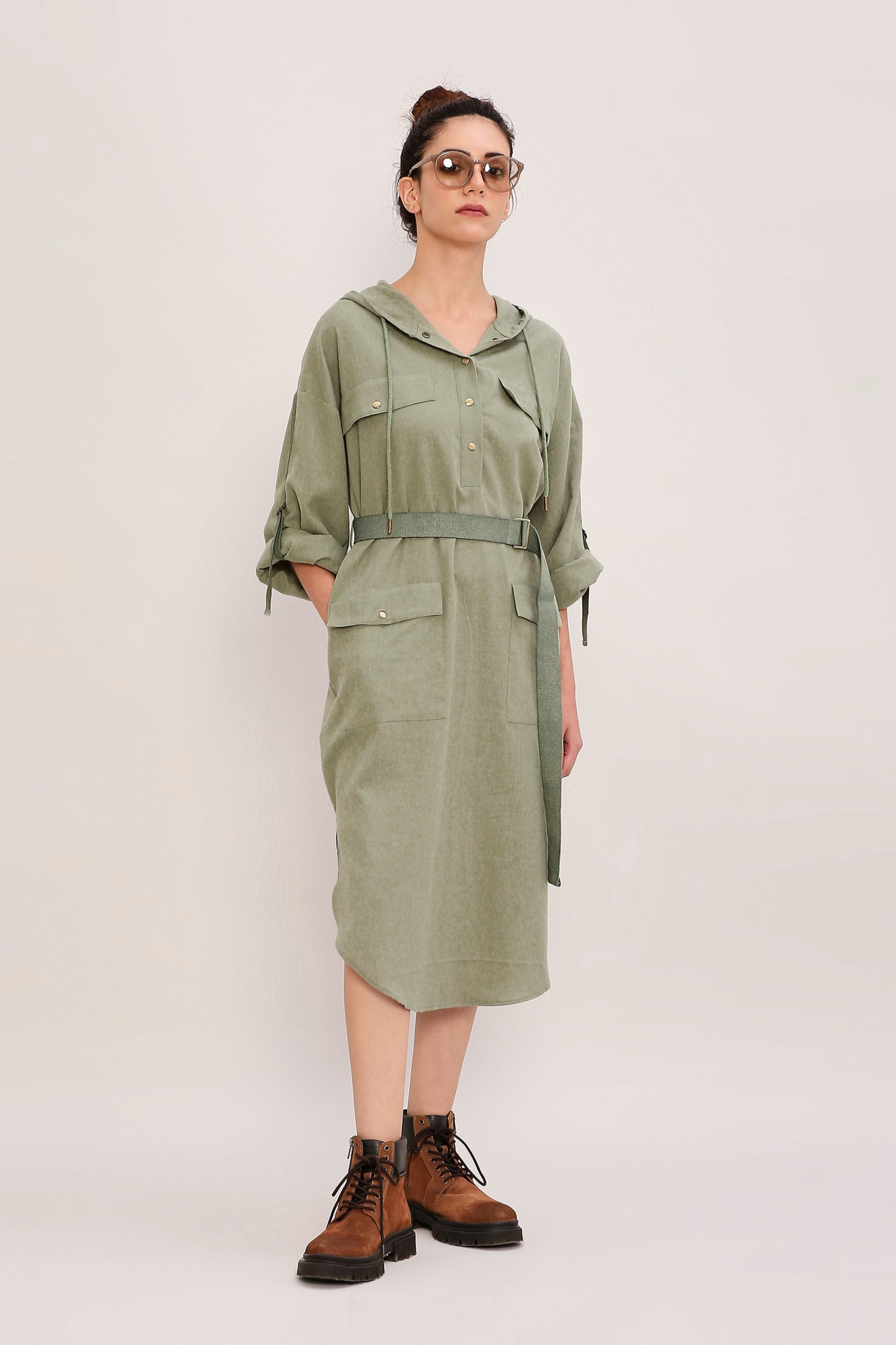 Green Safari Pocket Hooded Dress