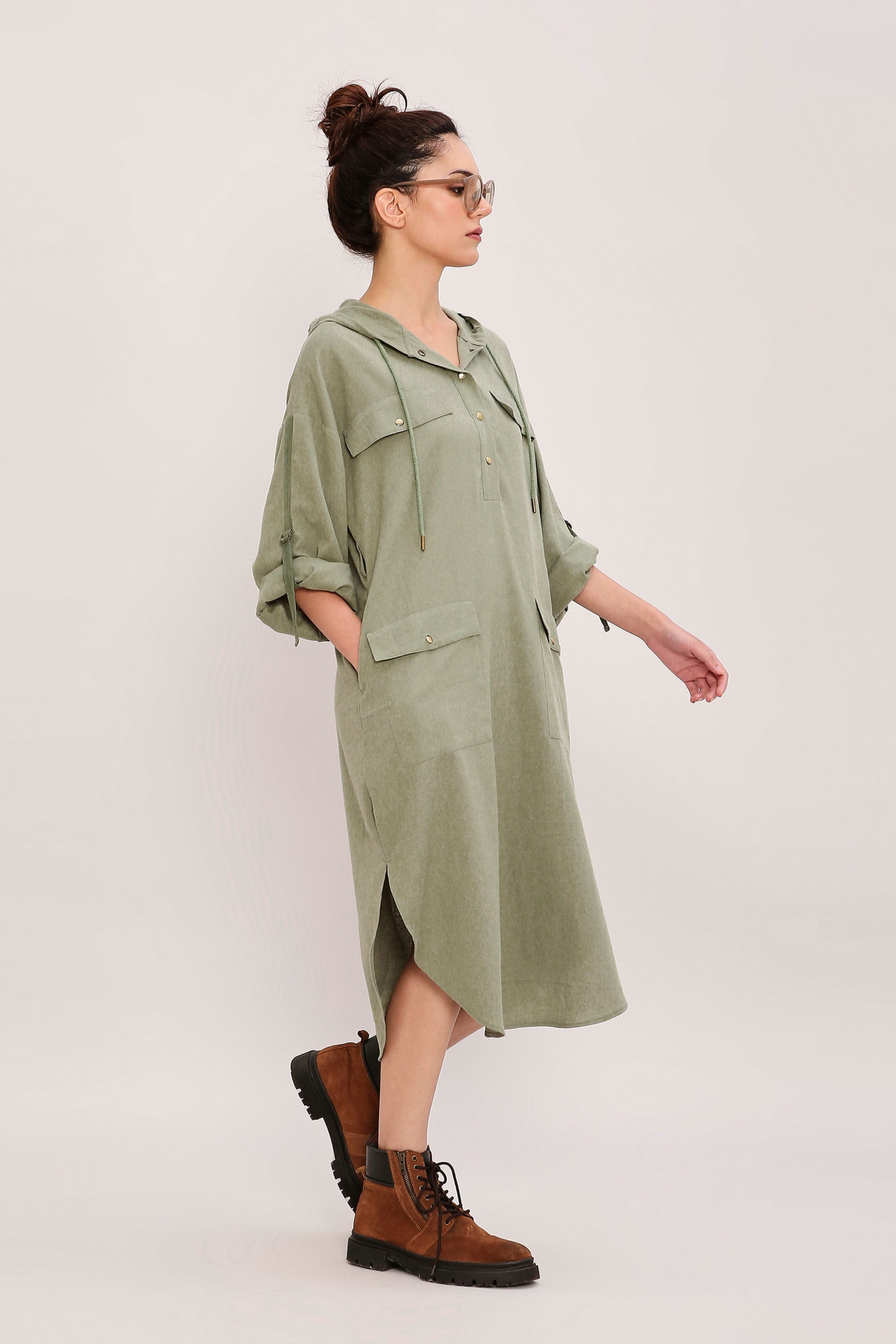 Green Safari Pocket Hooded Dress
