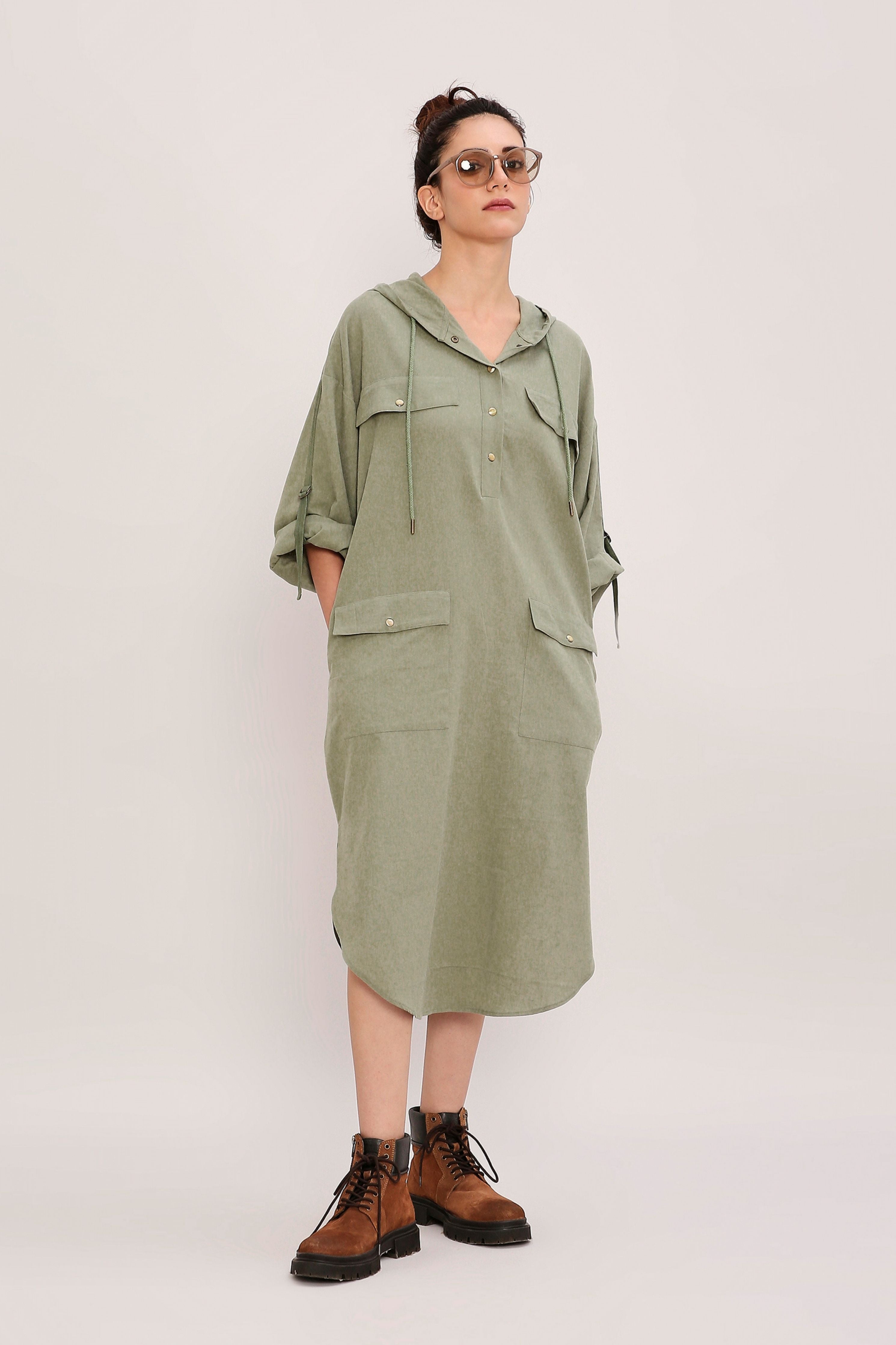 Green Safari Pocket Hooded Dress