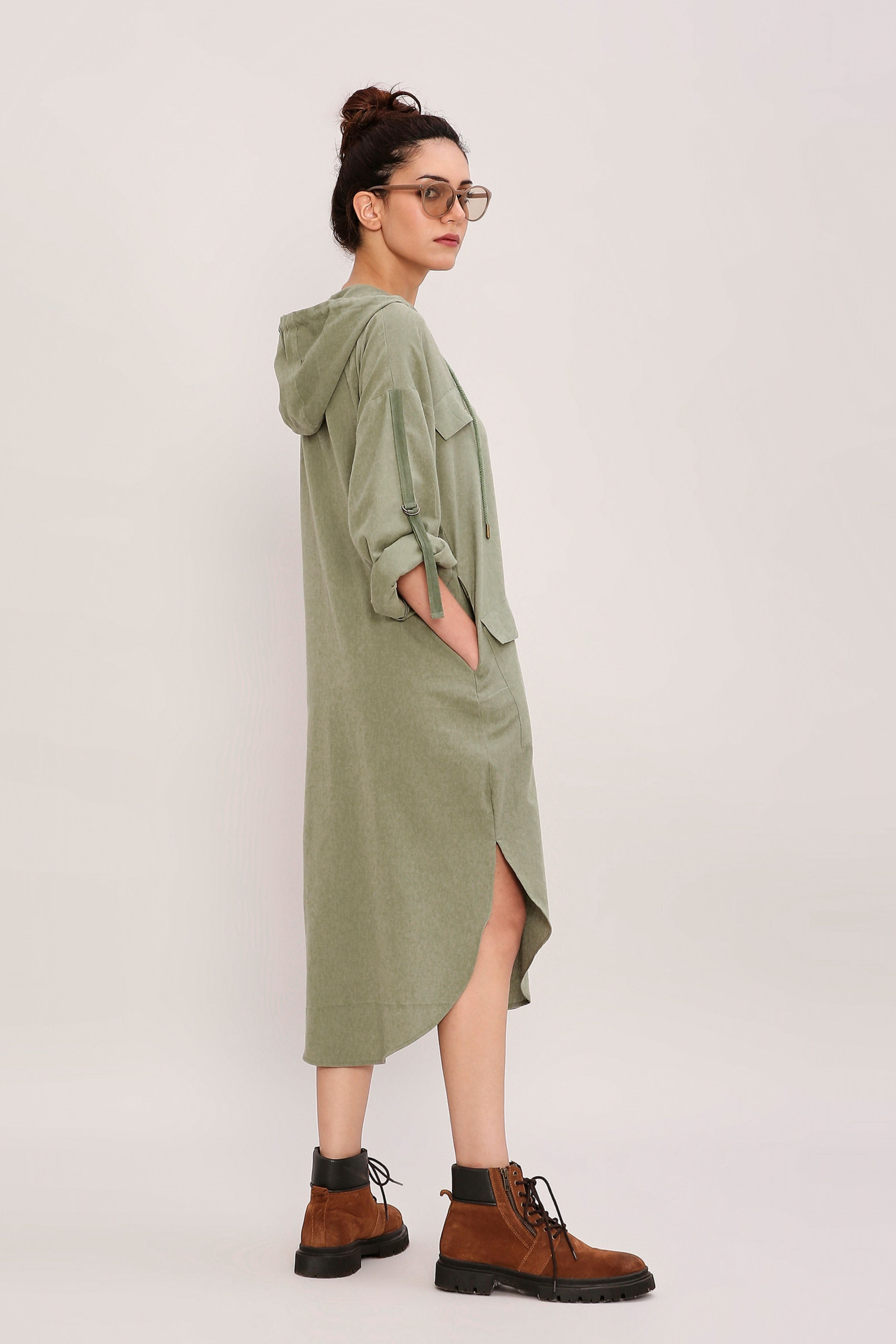 Green Safari Pocket Hooded Dress