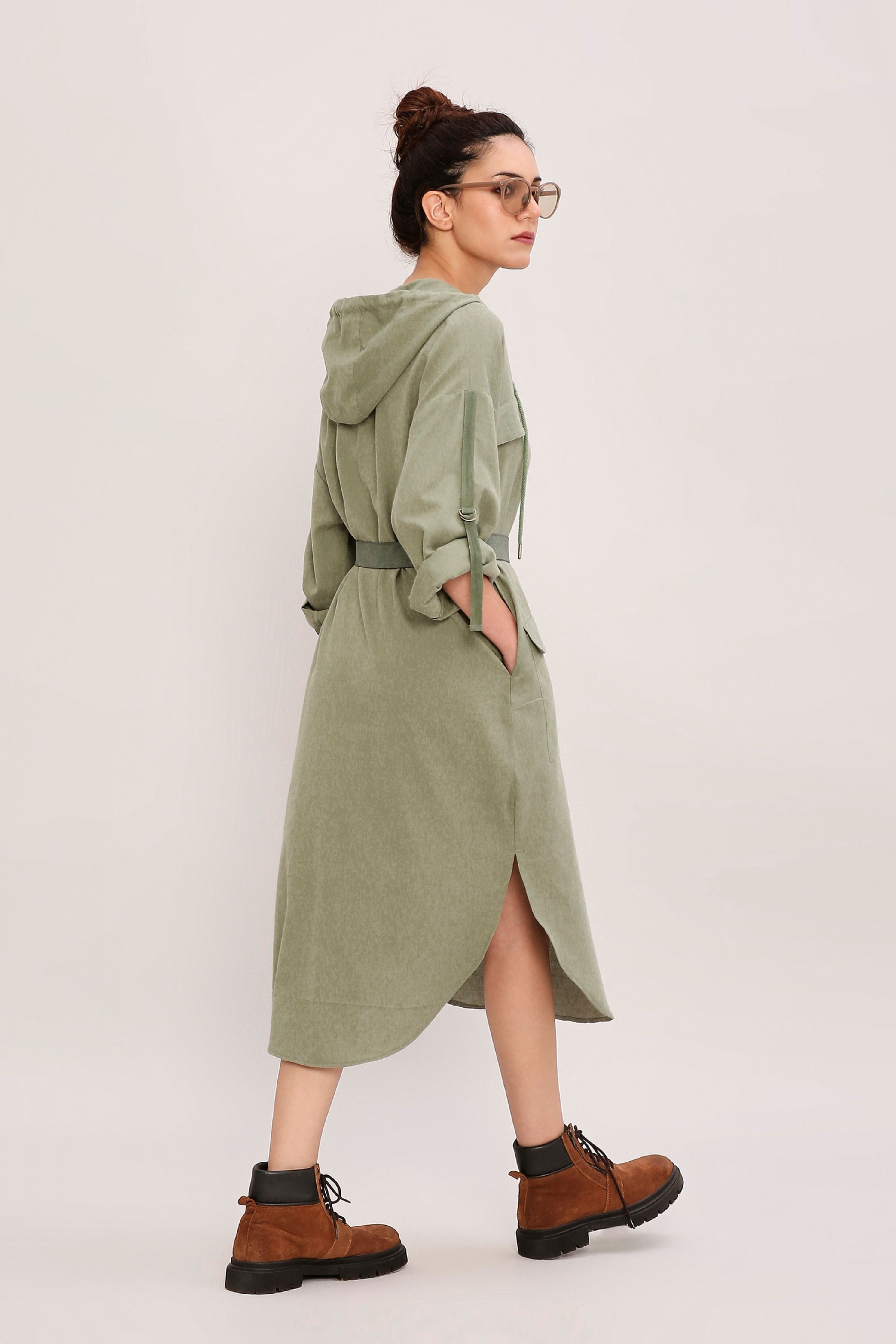 Green Safari Pocket Hooded Dress