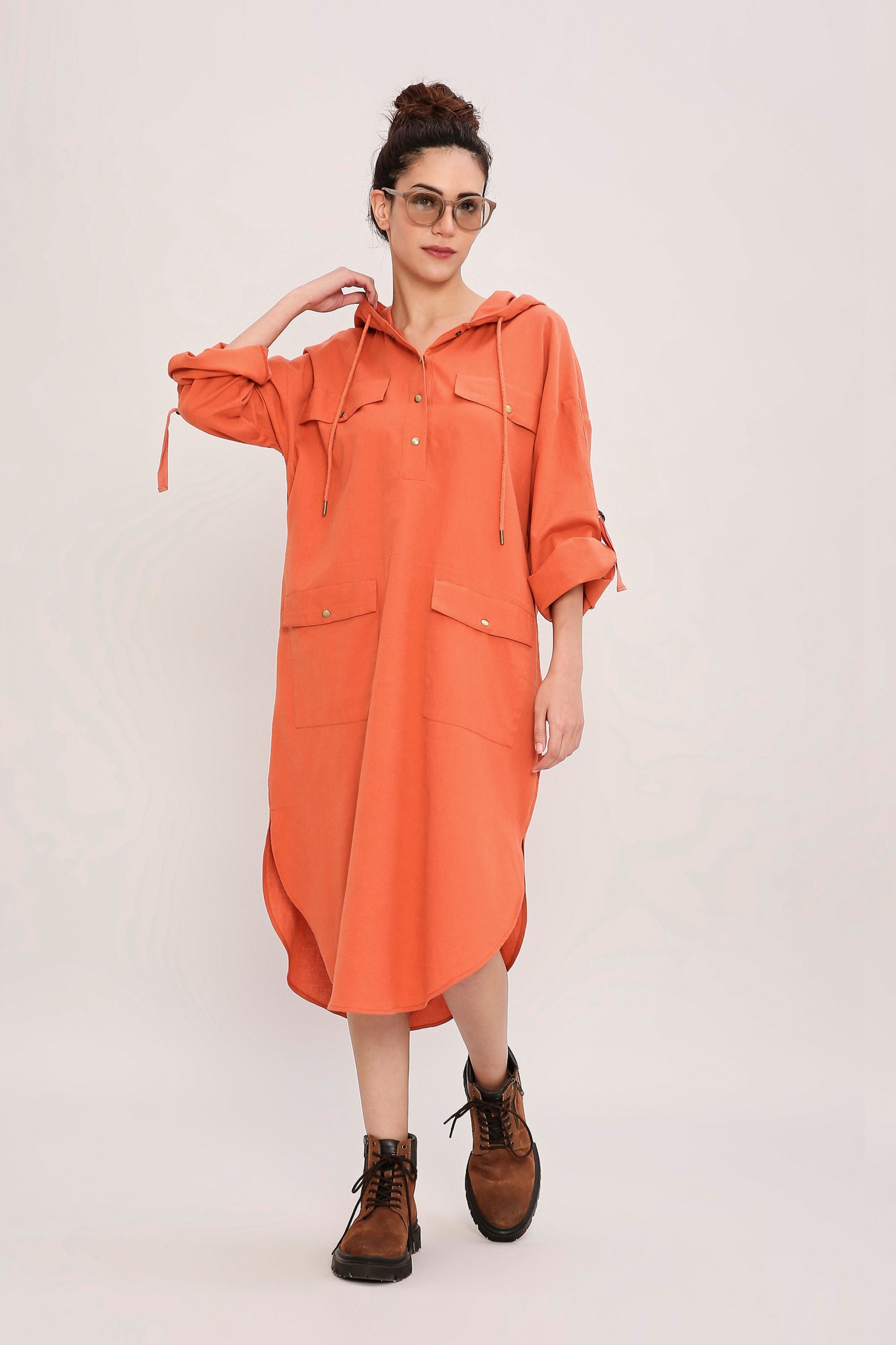 Rust Safari Pocket Hooded Dress