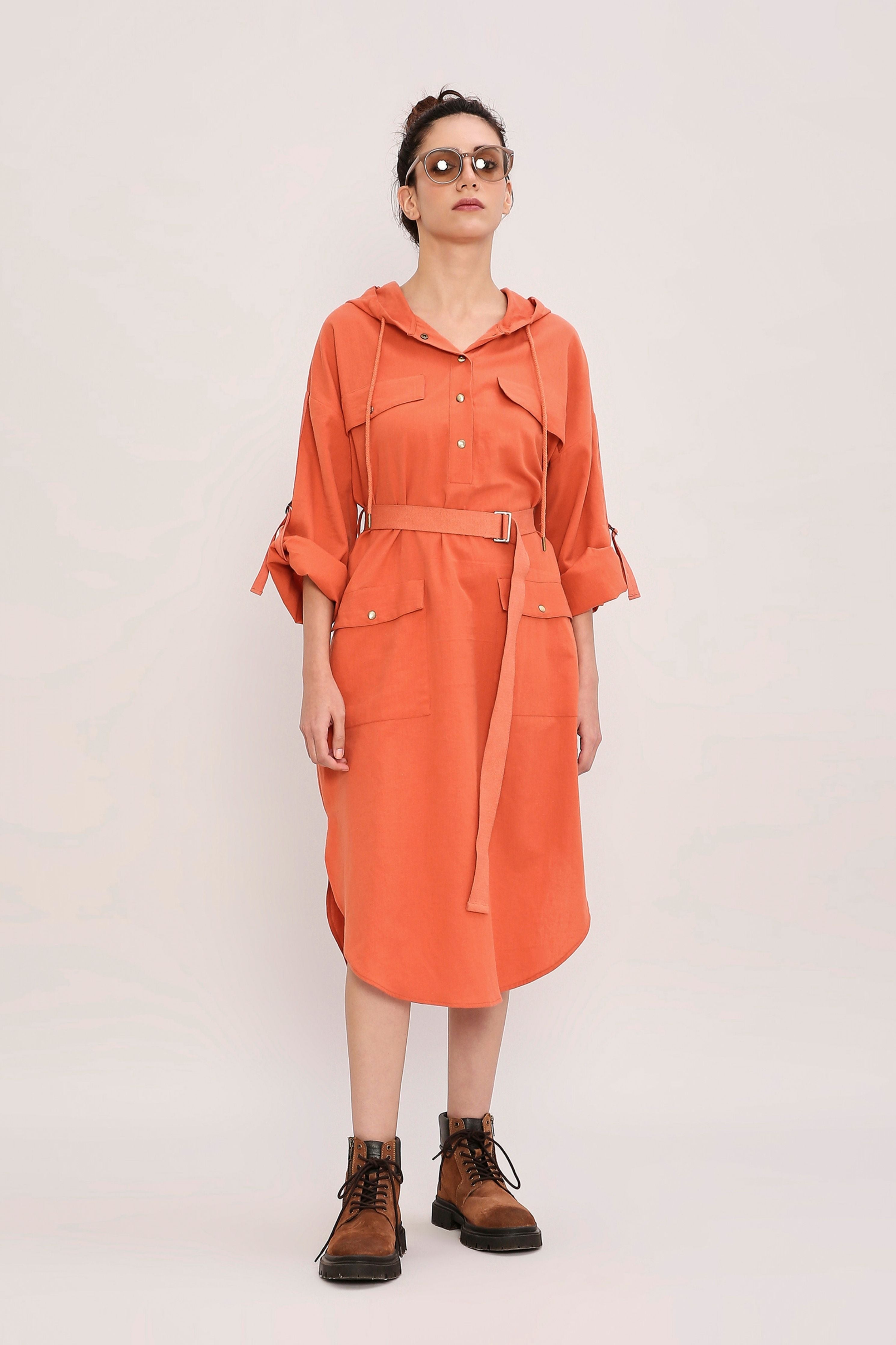 Rust Safari Pocket Hooded Dress