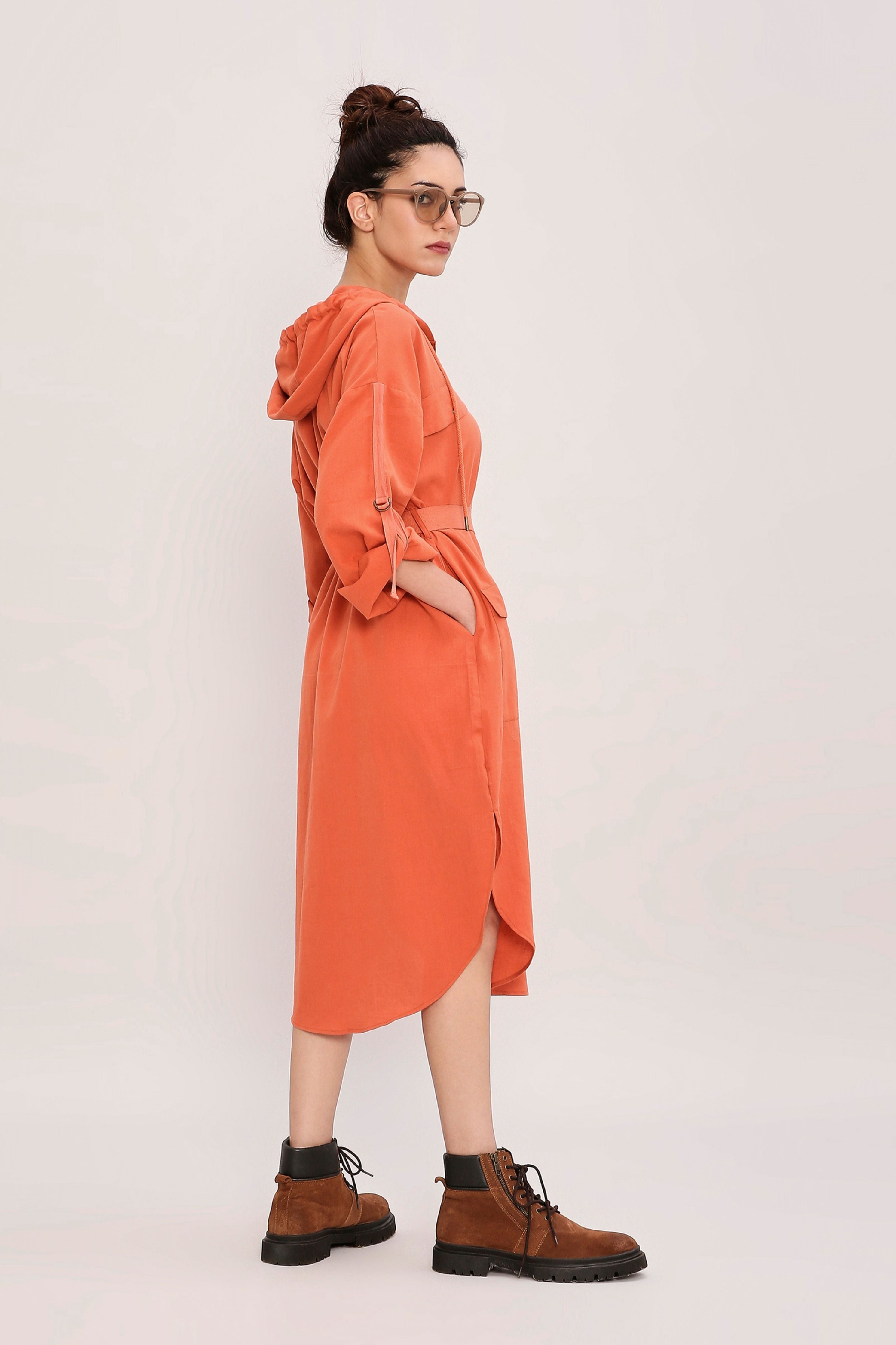 Rust Safari Pocket Hooded Dress