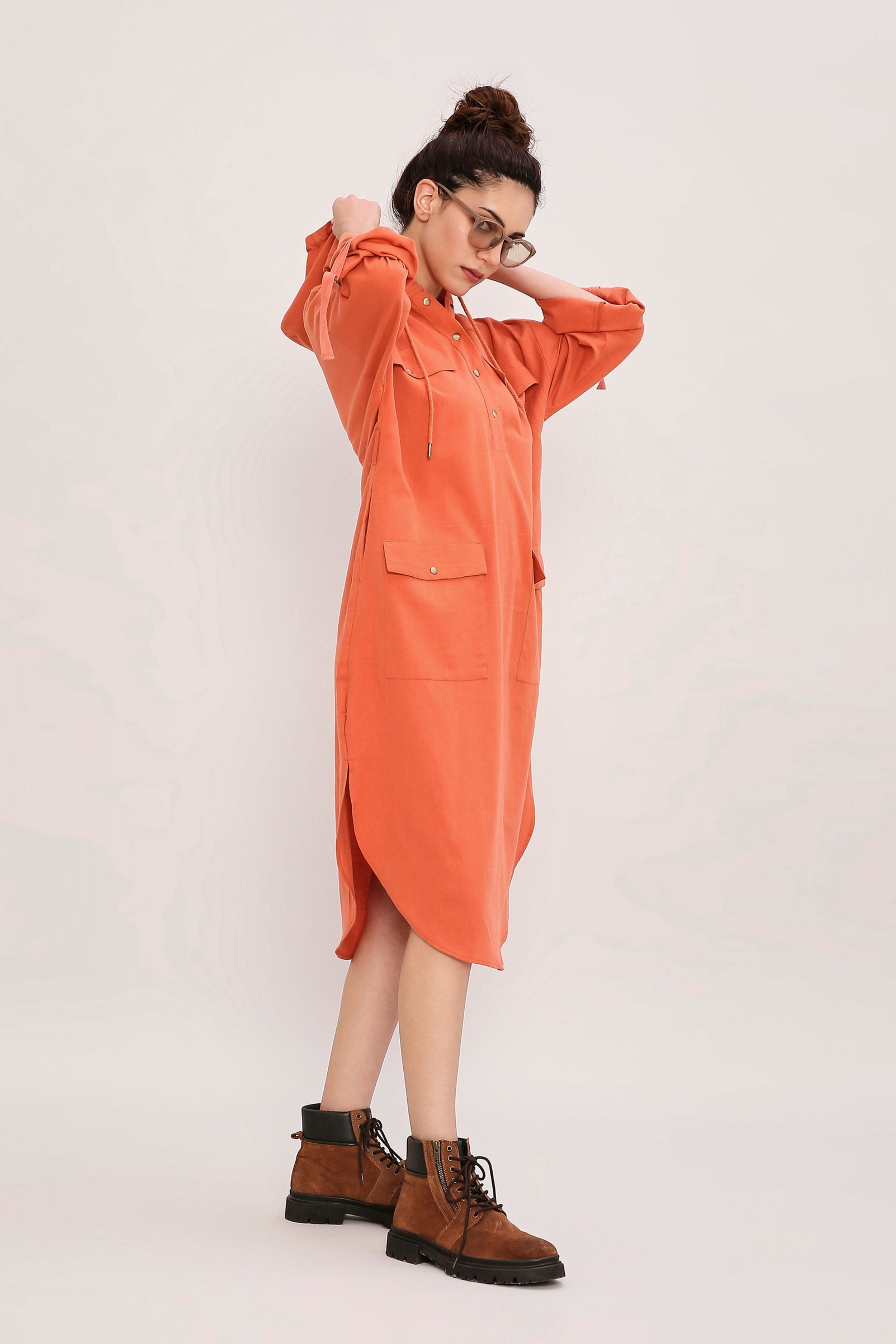 Rust Safari Pocket Hooded Dress