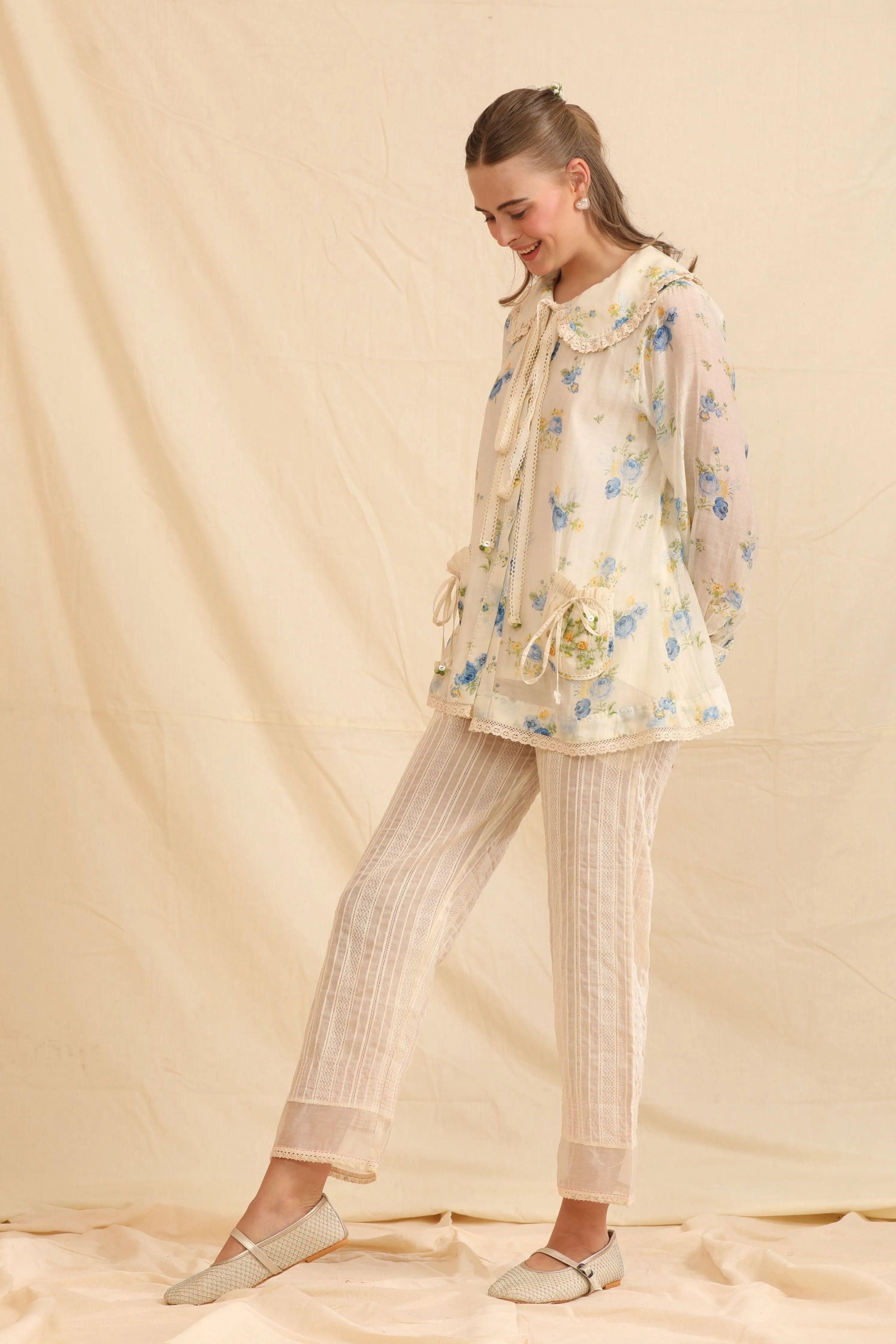 Blue & White Hand Woven Cotton Silk Top