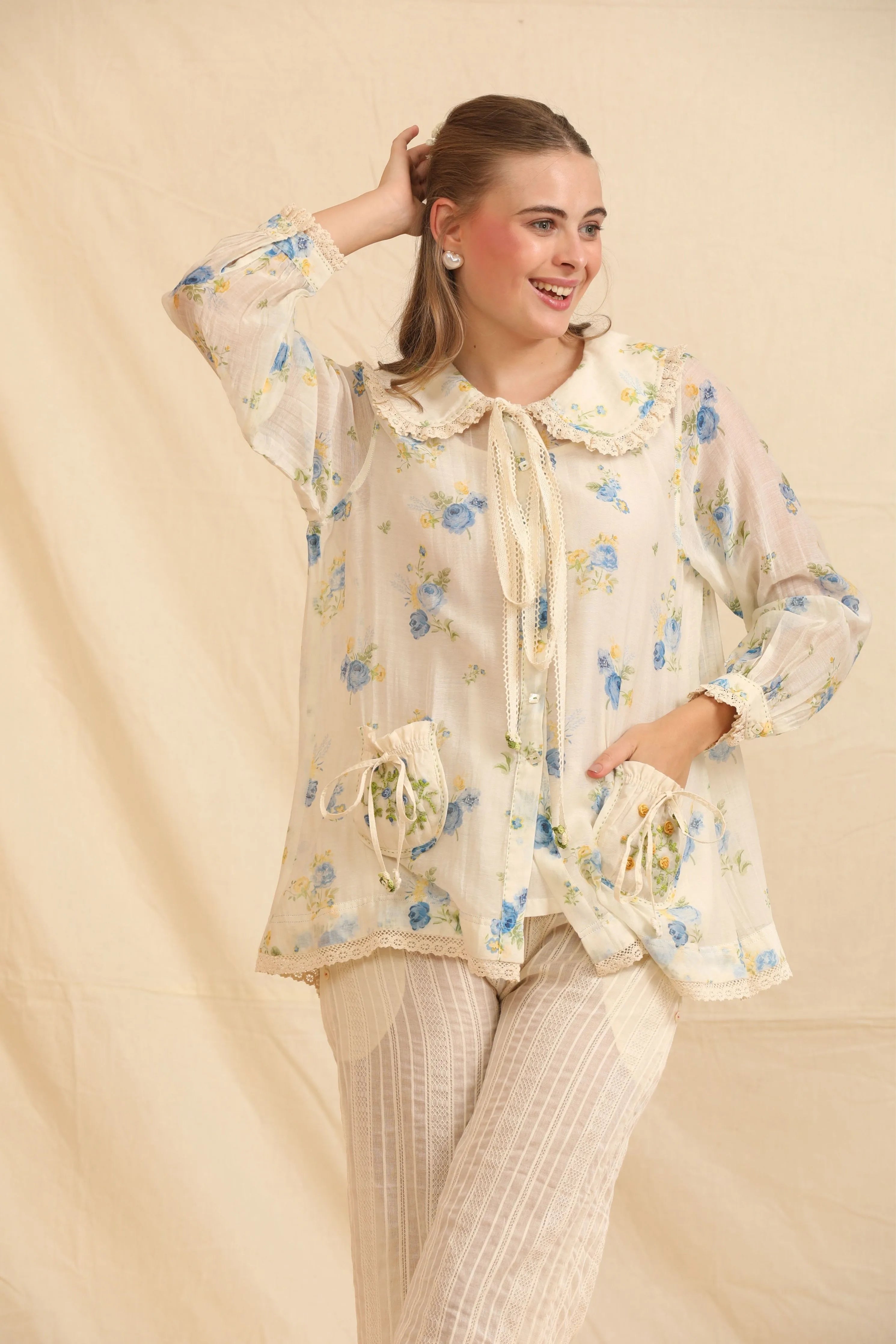 Blue & White Hand Woven Cotton Silk Top
