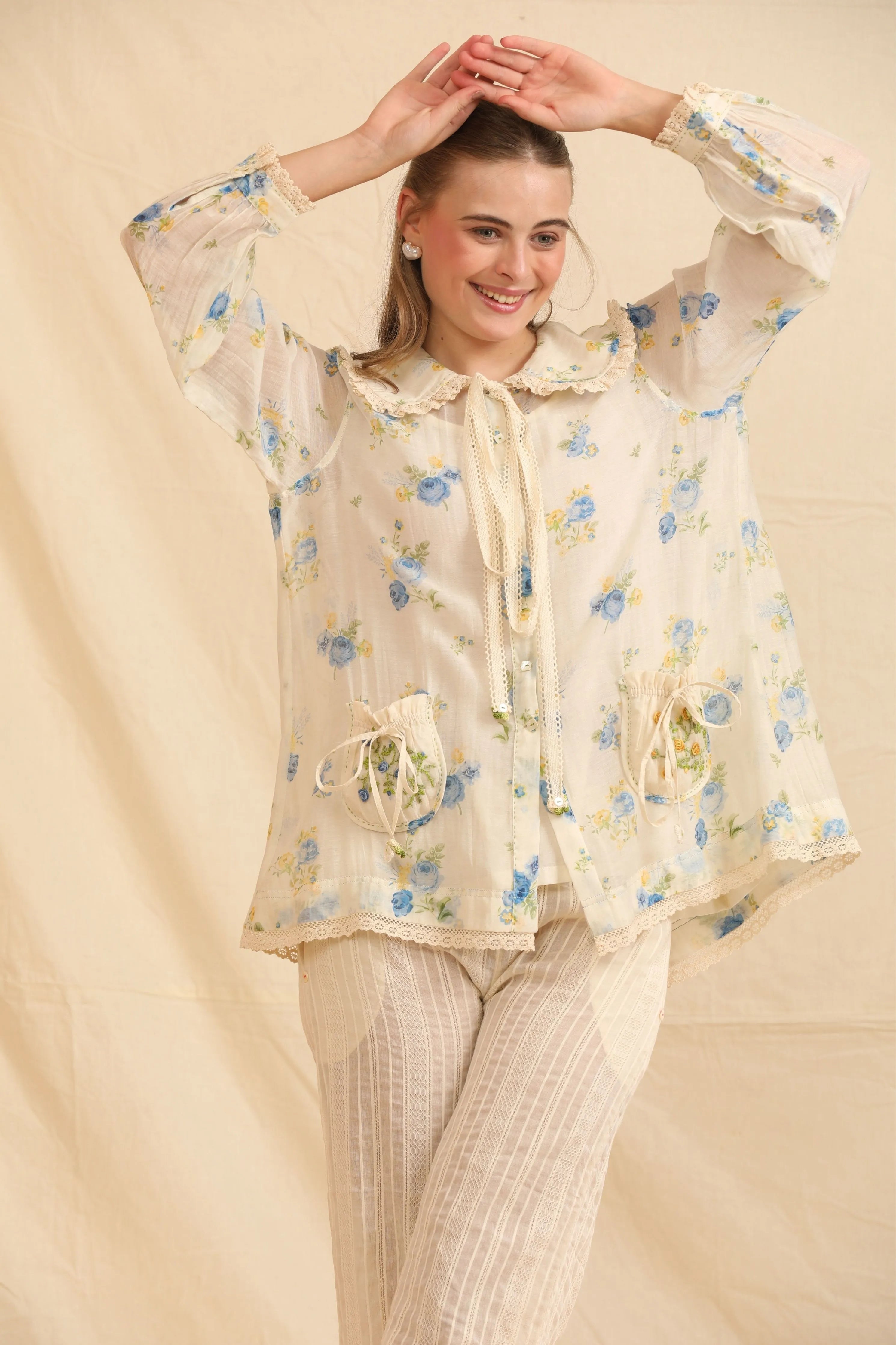 Blue & White Hand Woven Cotton Silk Top