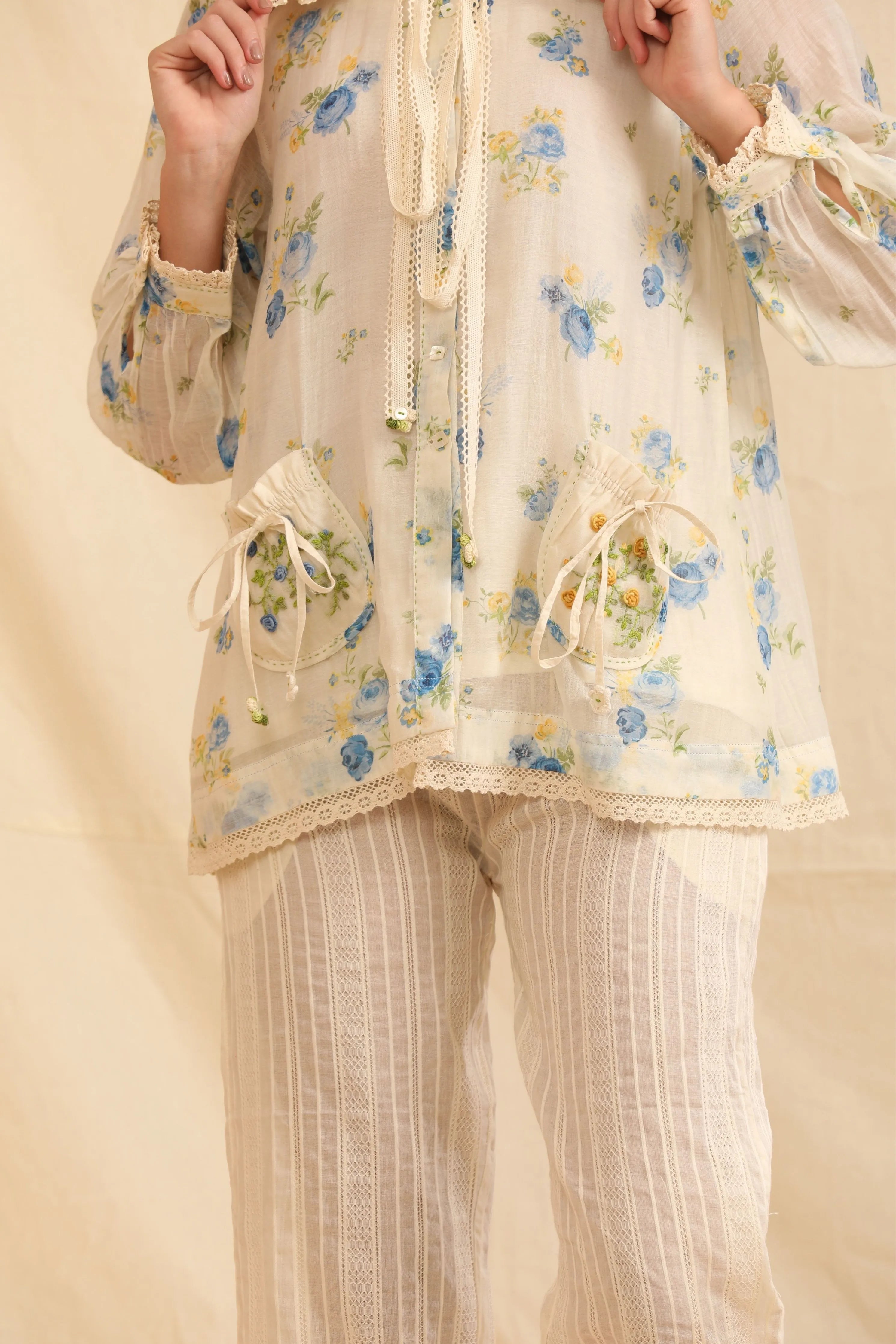 Blue & White Hand Woven Cotton Silk Top