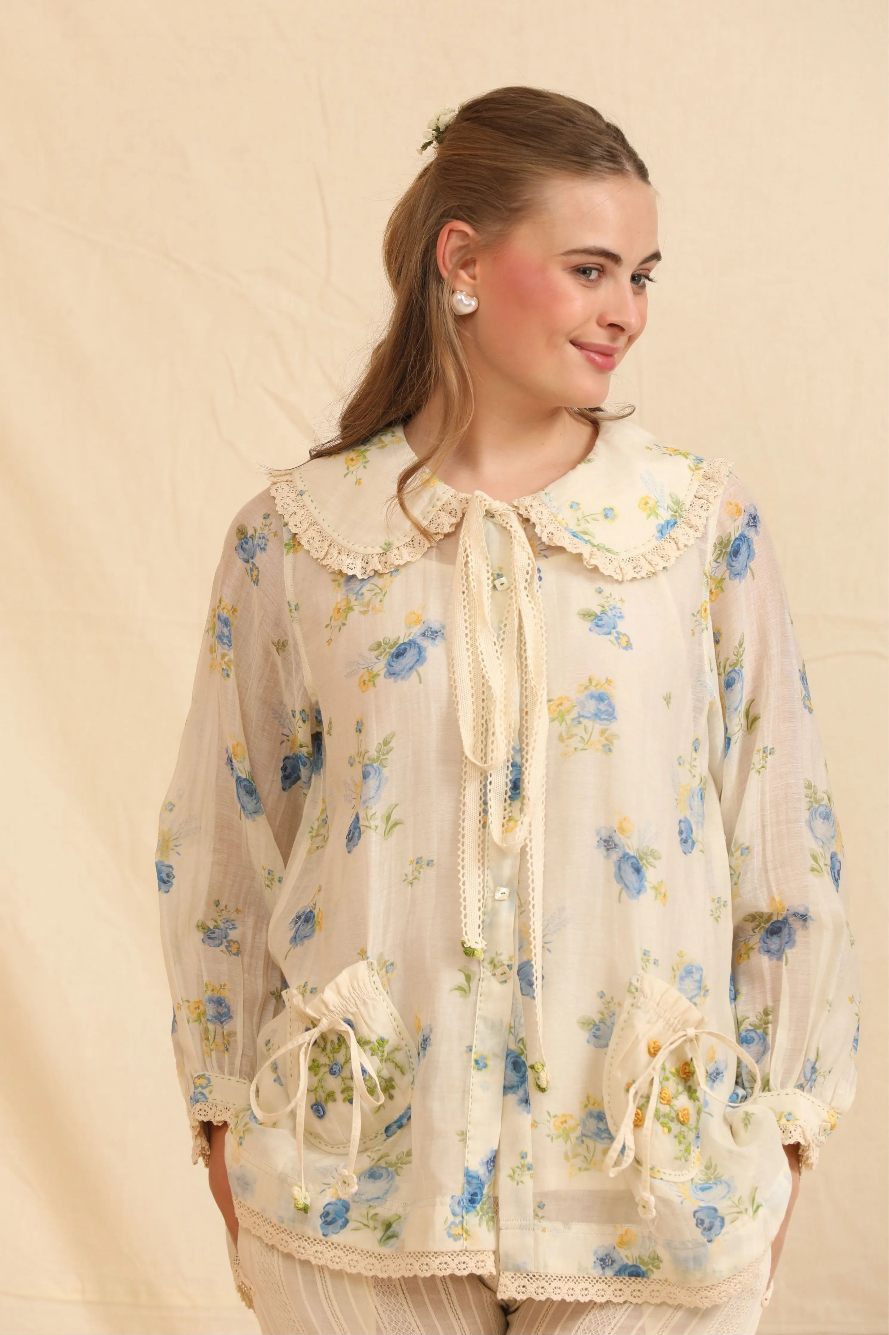 Blue & White Hand Woven Cotton Silk Top