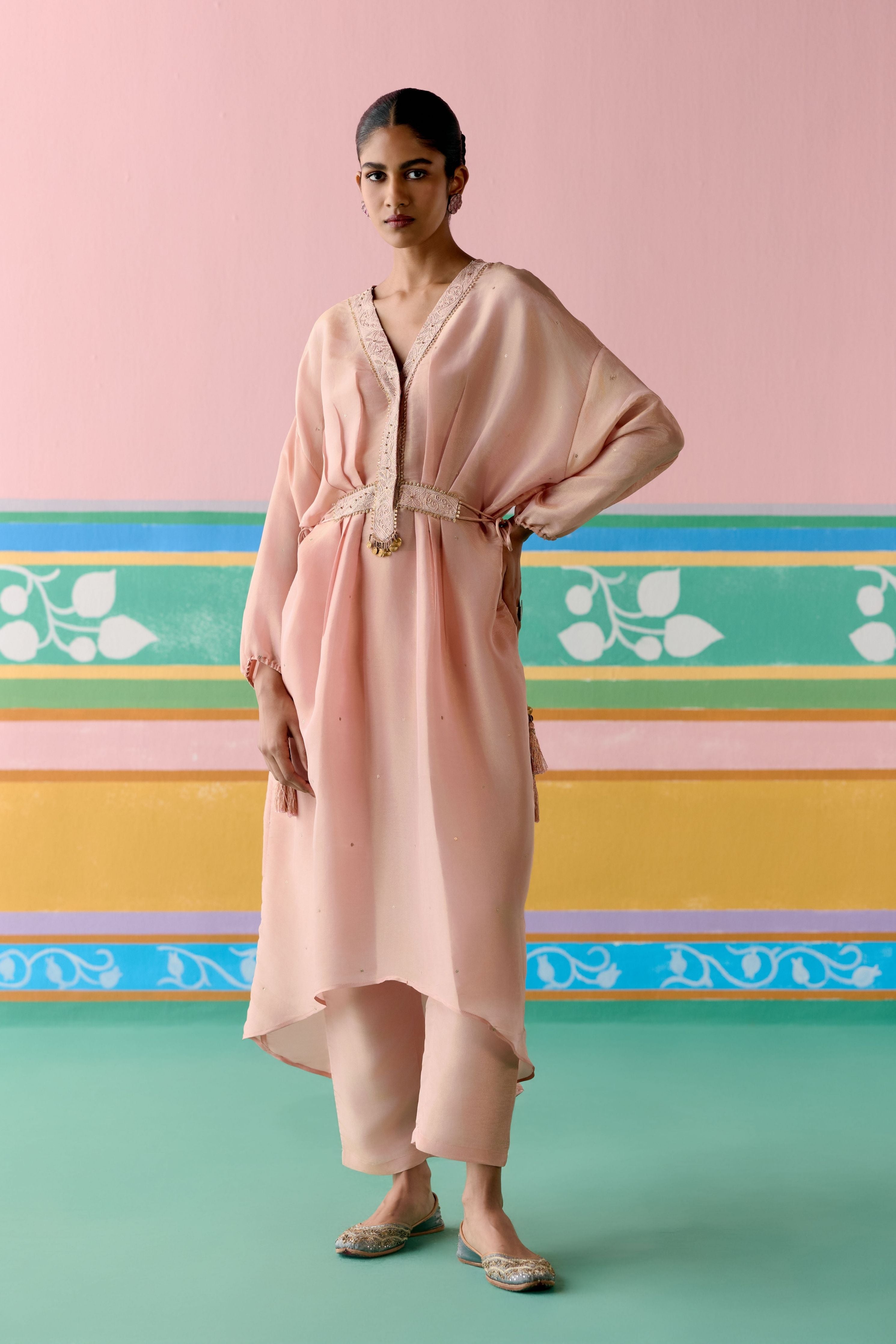 Peach Embroidered Long Kaftan Set