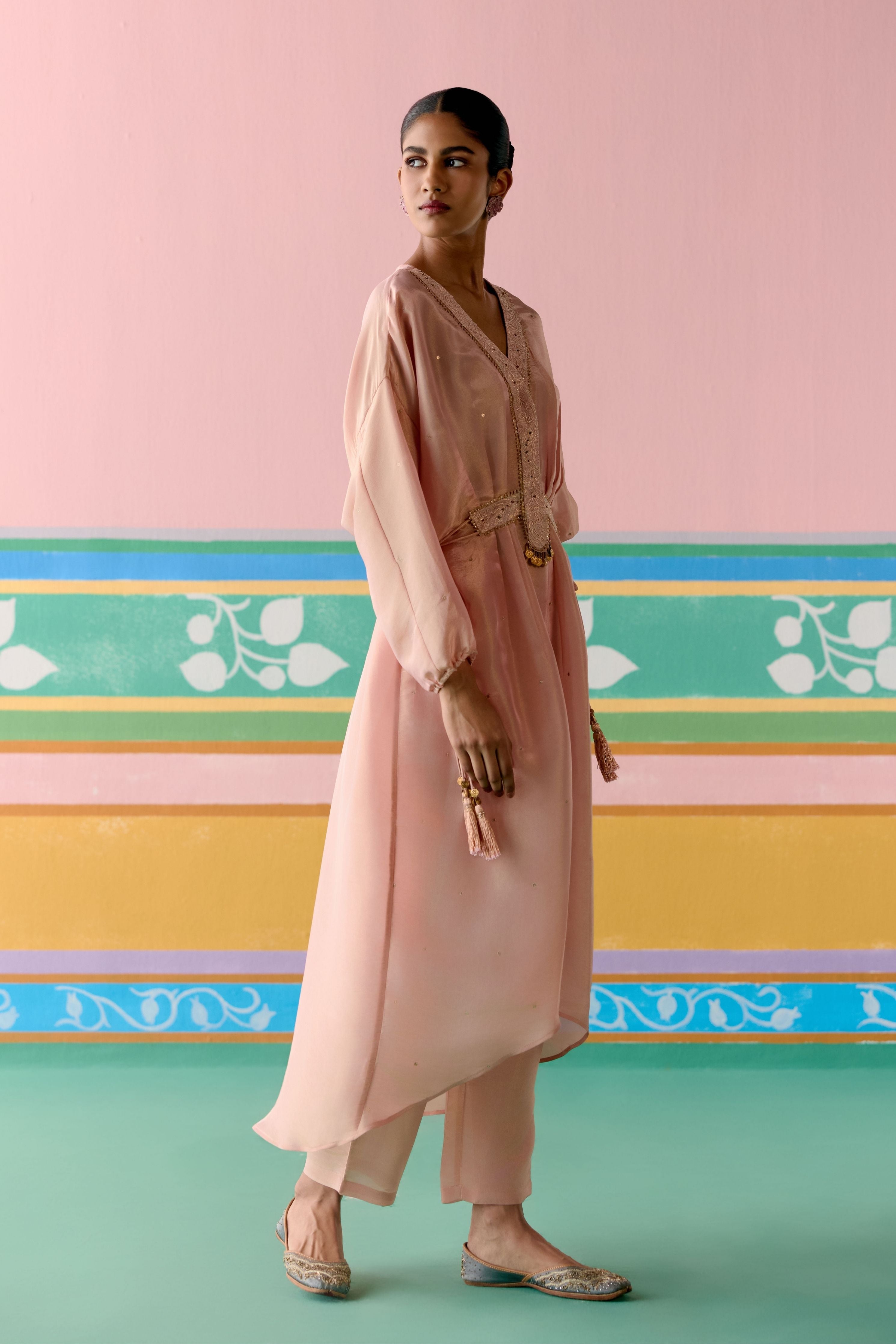 Peach Embroidered Long Kaftan Set