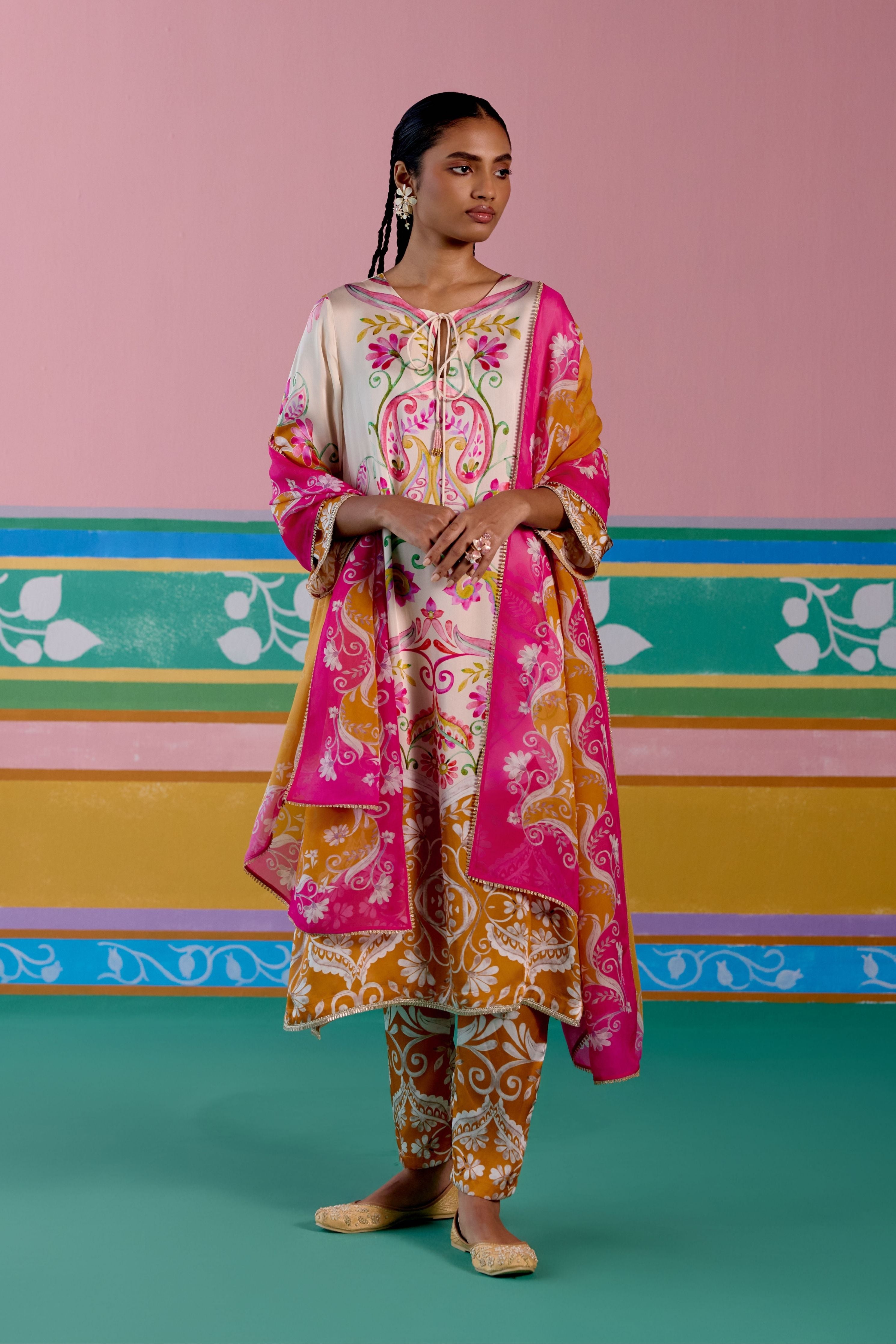 Pink & Mustard Paisley Kurta with Dupatta